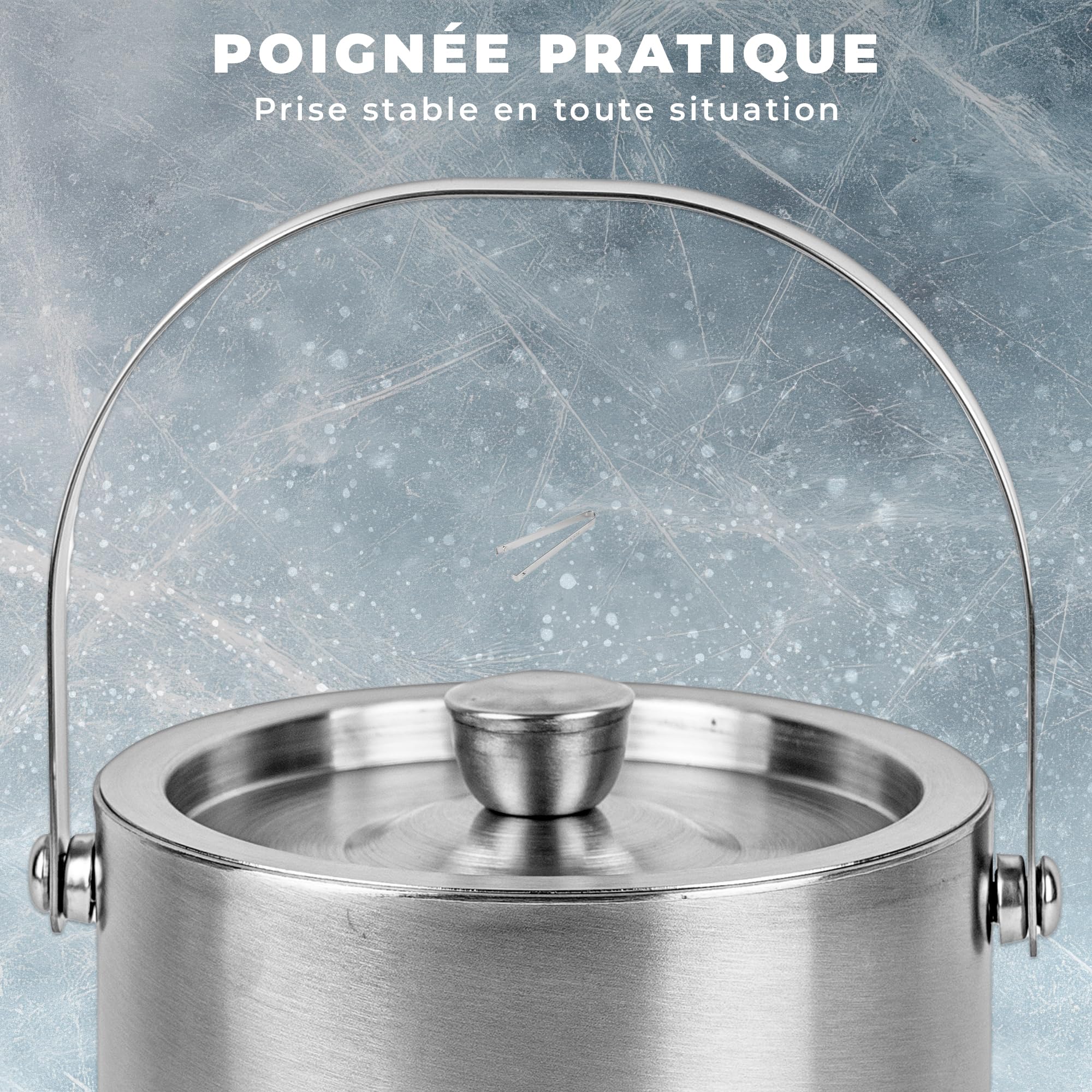 KARL HAUSMANN Seau a Glacon 1,3L avec Couvercle, Pince et Égouttoir - Seau à Glaçons Inox Argent Double Paroi Isotherme, Garde les Glaçons Secs, Idéal Cocktails, Bar, Apéritif