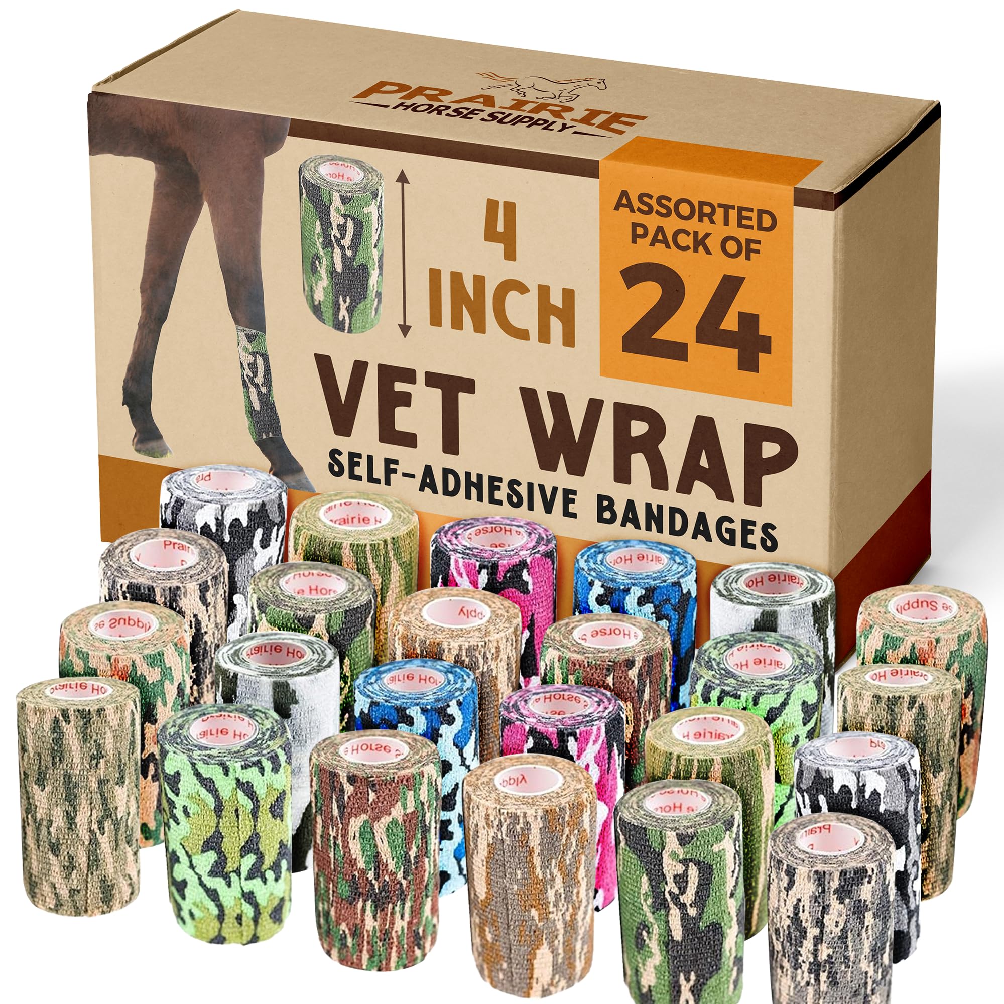 24 Pack Premium Vet Wrap - Self Adhesive Bandage Wrap &amp; Athletic Tape - 4" x 5 Yards Elastic &amp; Self-Sticking Cohesive Bandage for Pets, Sports, Wrists &amp; Ankles - Assorted by Prairie Horse Supply