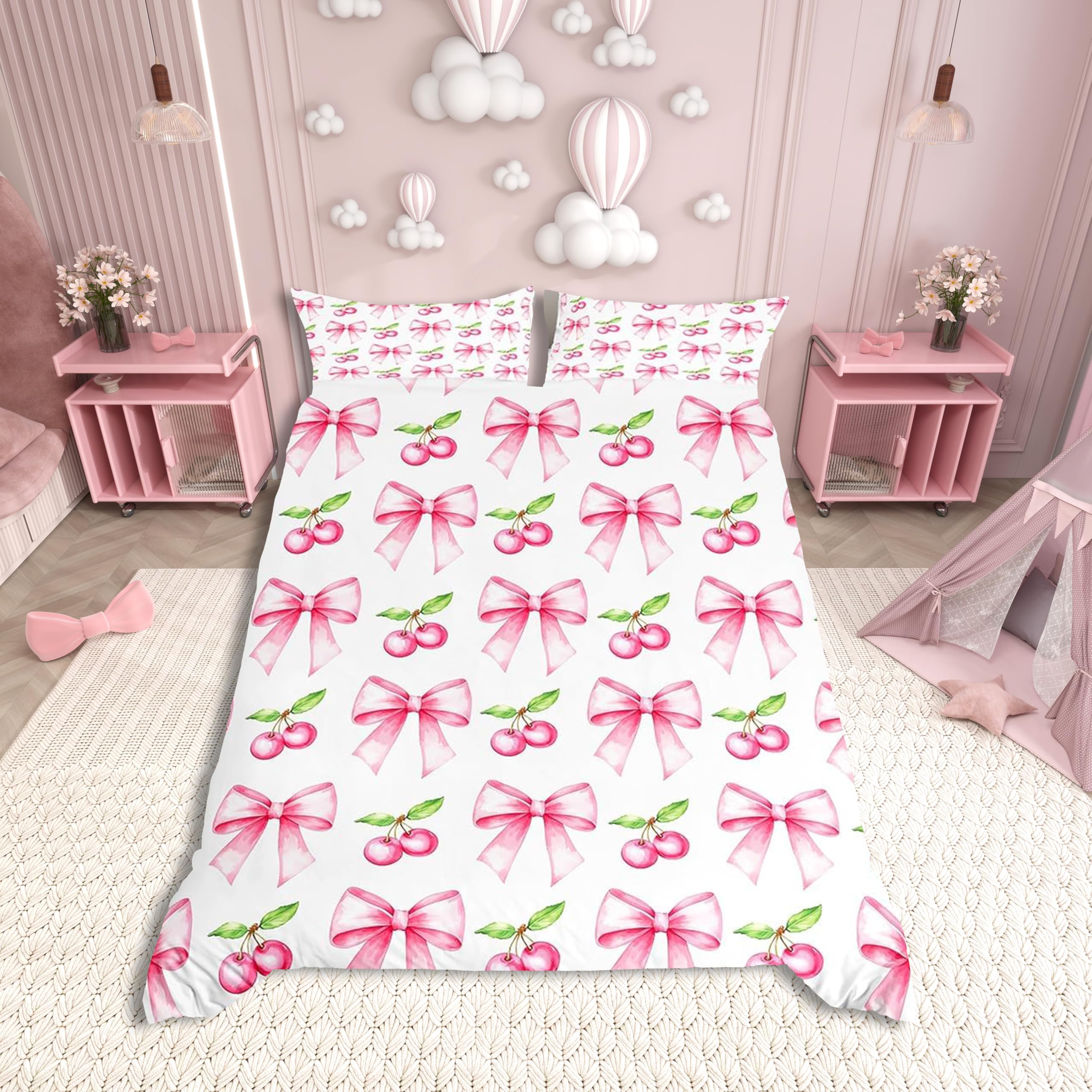 Pink Bowknot Kids Duvet Cover Set King Size,Cherry Tropical Fruit Cartoon Bedding Set,Girls Women Room Decor,Bow Tie Butterfly Knot Princess Dreamy Fashion Quilt Cover,2 Pillowcases(No Comforter) — image 1