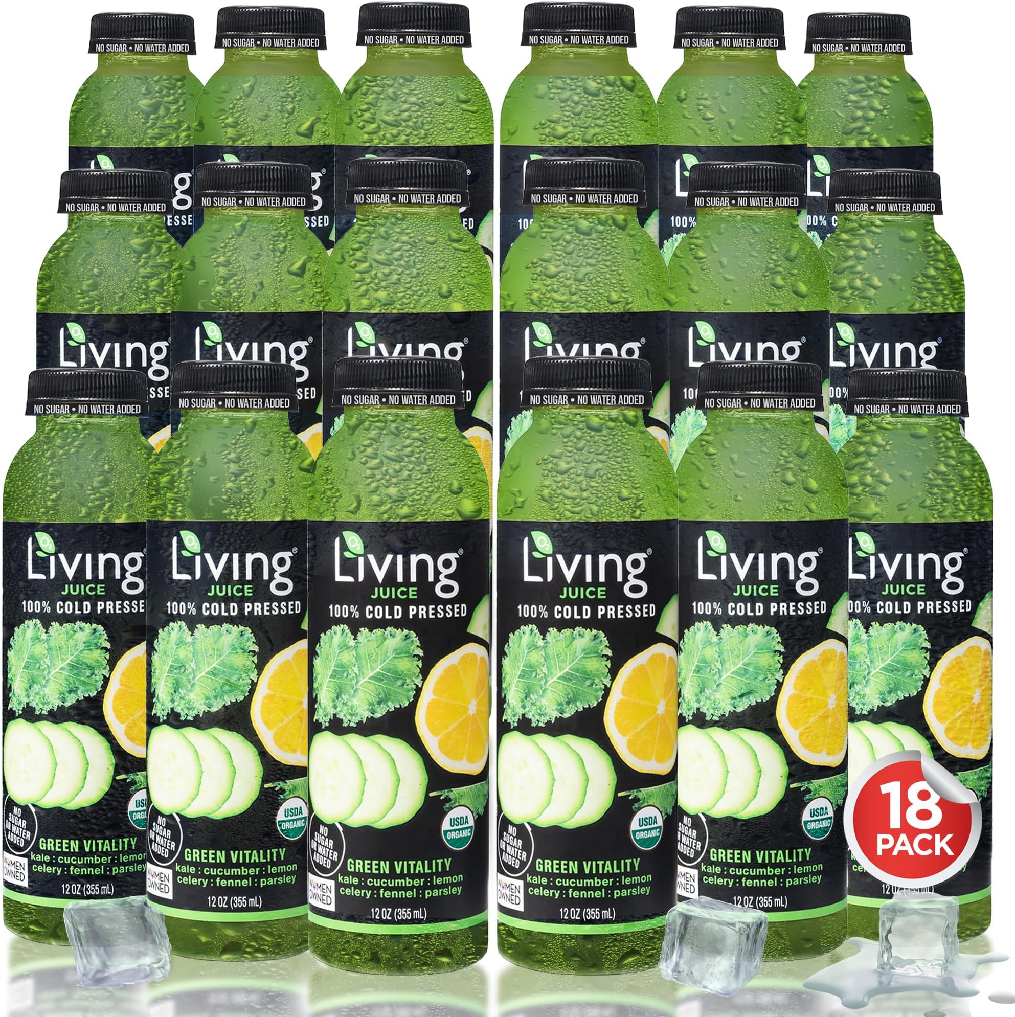 O2 LivingGreen Vitality Organic Juice Drink - 12oz, 18 Pack - Cold-Pressed Juice Drink, No Added Sugars or Water, Natural Sweetness from Fruits, Packed with Nutrients & Vitamins, Refreshing, Non-GMOUSDA Organic
