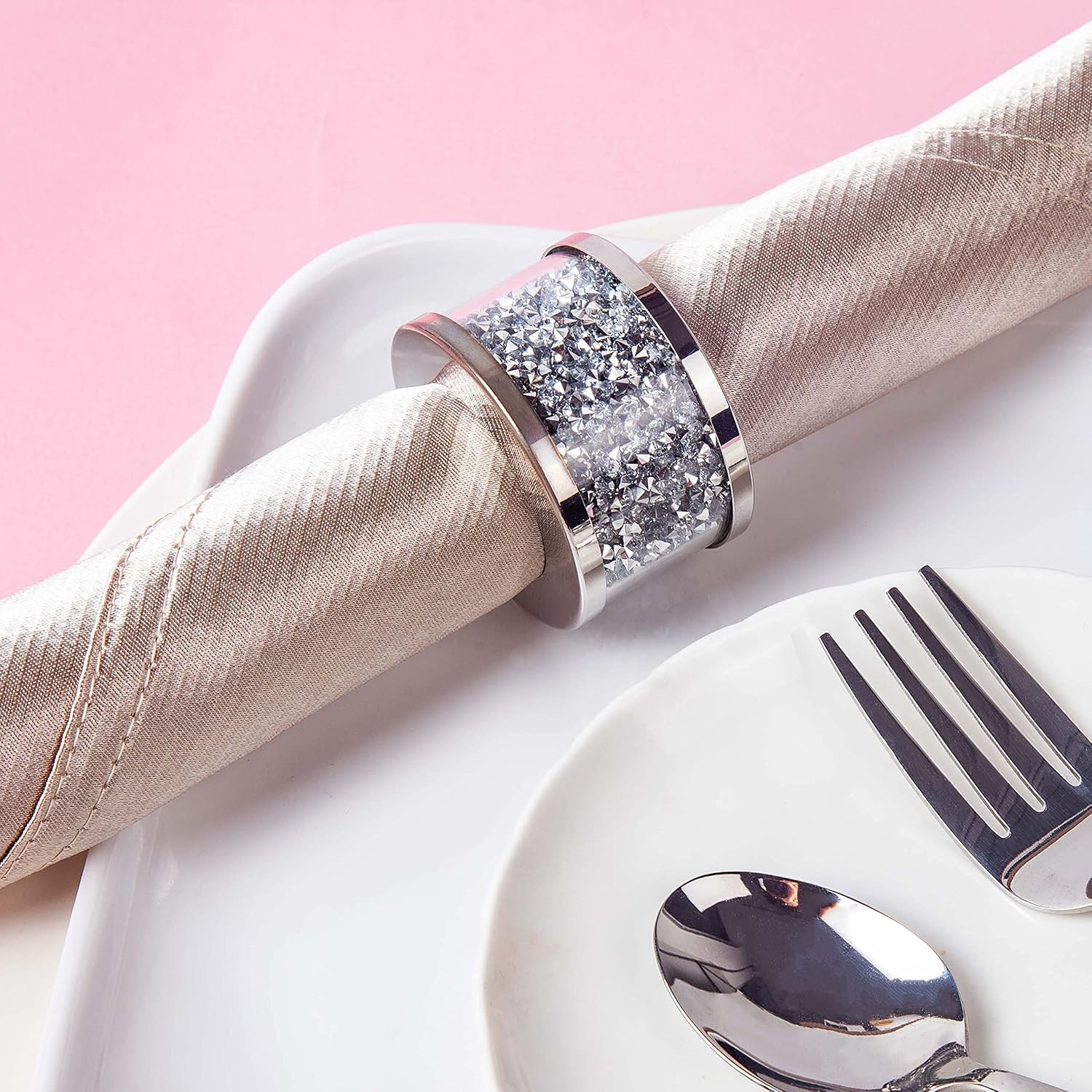 SHYFOY Silver Crushed Diamond Napkin Rings Set of 4,Bling Glass Table Decor