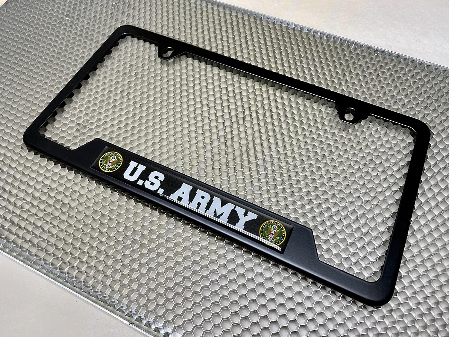 [Officially Licensed Product] - Stainless Steel Matte Black CAR 2-Hole Standard Size - Domed Custom-Made Corrosion-Resistant License Plate Frame with U.S. Army Design and Free caps - (Qty: 1 Frame)