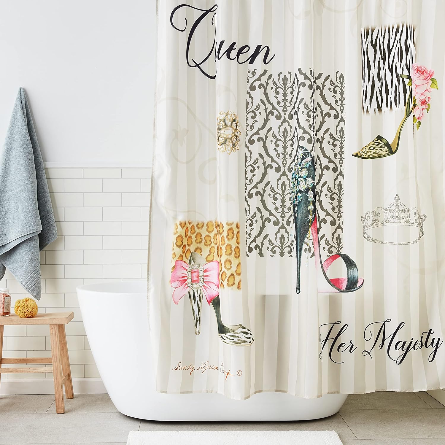 African American Expressions Shower Curtain with Hooks - 71 x 71 Inch, Striped Queen Boutique Shoes