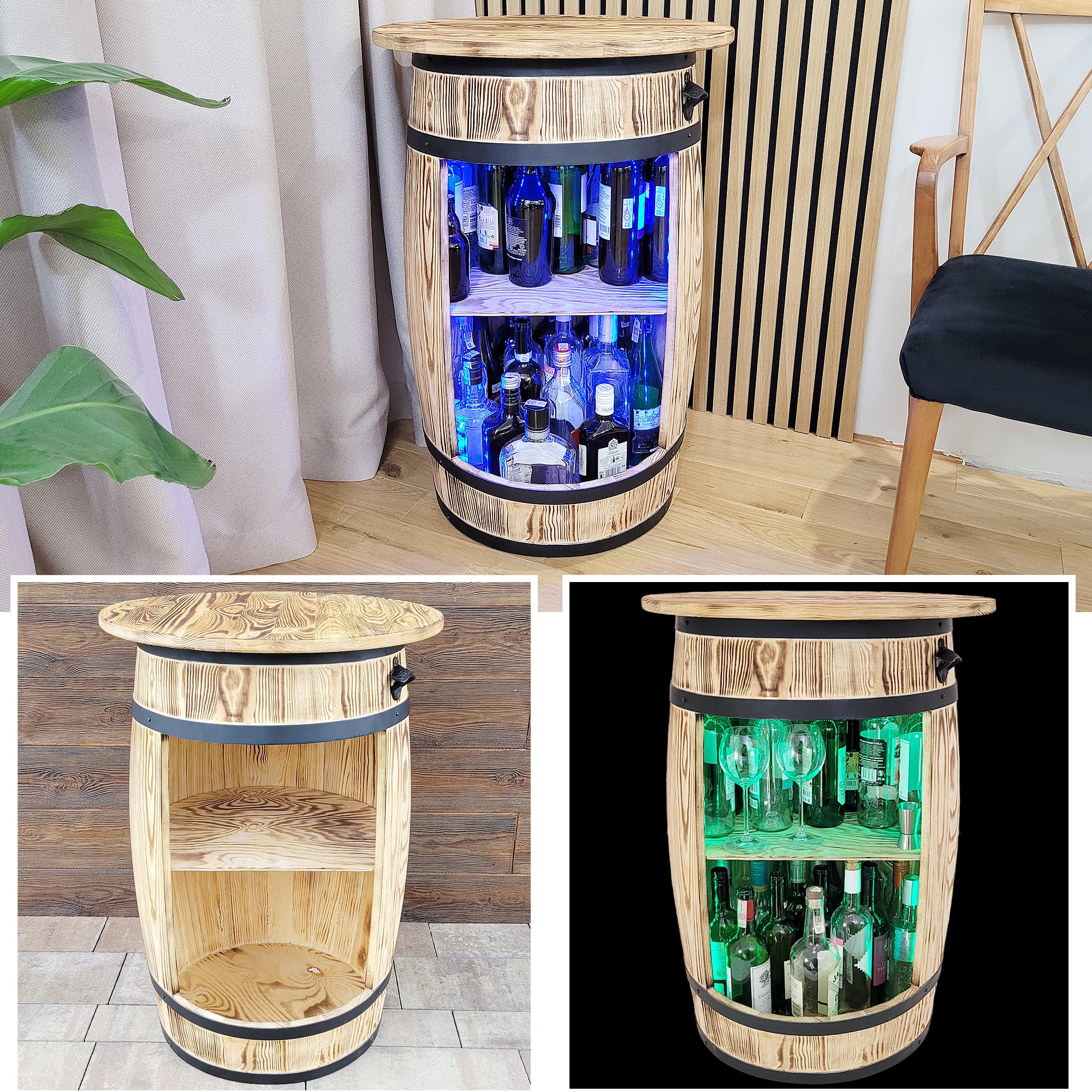 weeco Armadietto da bar con piano da tavolo e luci LED RGB – Tavolo Home Bar – Montabile – Scaffale in legno – Retro decorativo bar – Barile di legno con coperchio – Minibar Gin Whisky birra tavolo 80