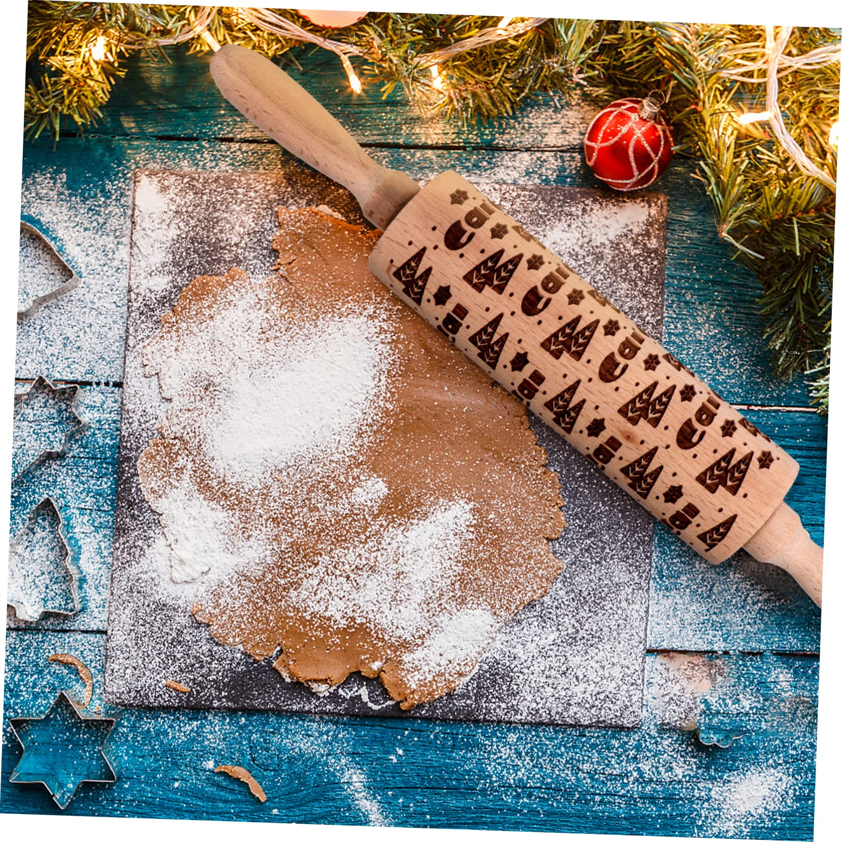 Mikinona Rouleau À Pâtisserie en Bois Rouleau À Pâtisserie Décoré De Noël pour La Pâtisserie Maison