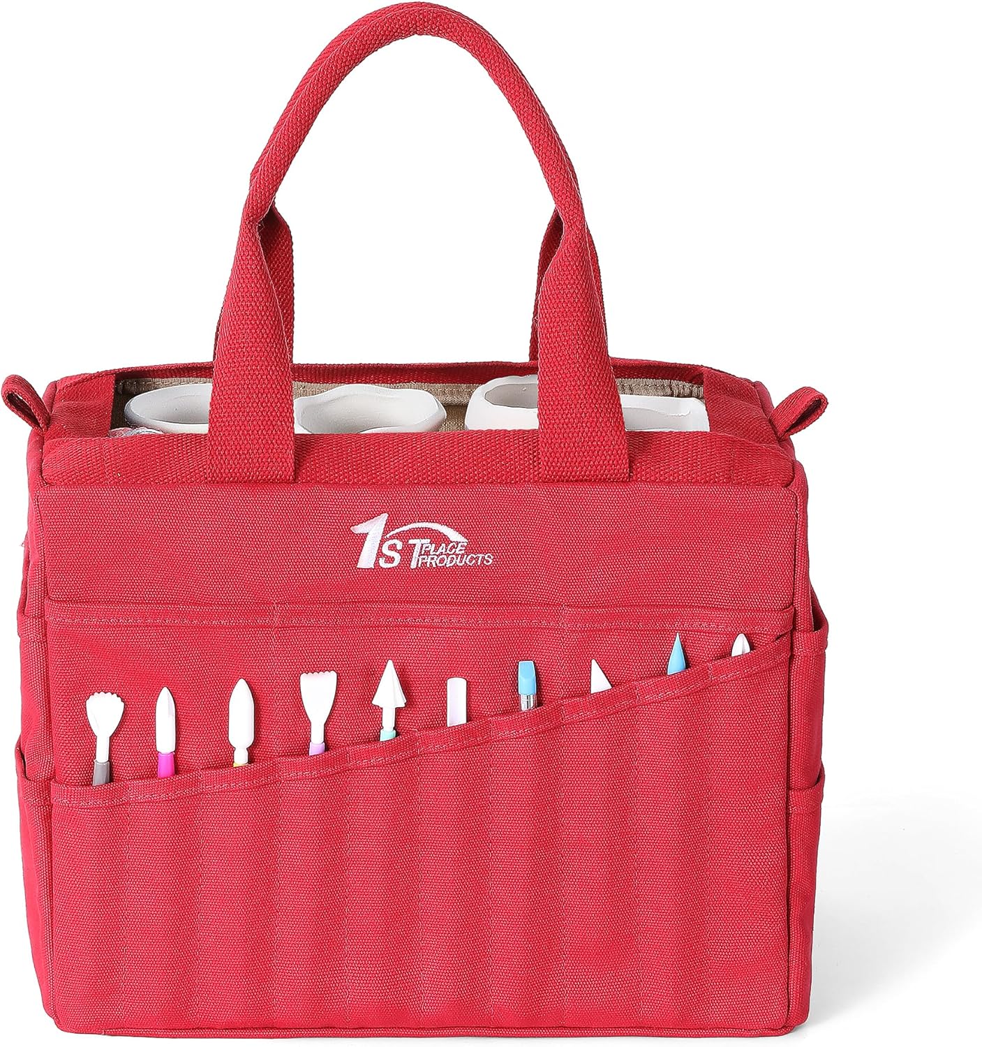 Art Craft Supply & Pottery Bag – 36 Pockets – Detachable Shoulder Strap - Handles – Removable Padded Divider - Washable – Tools, Knitting, Crochet, Yarn, Sewing, Scrapbooking, Clay, Tote