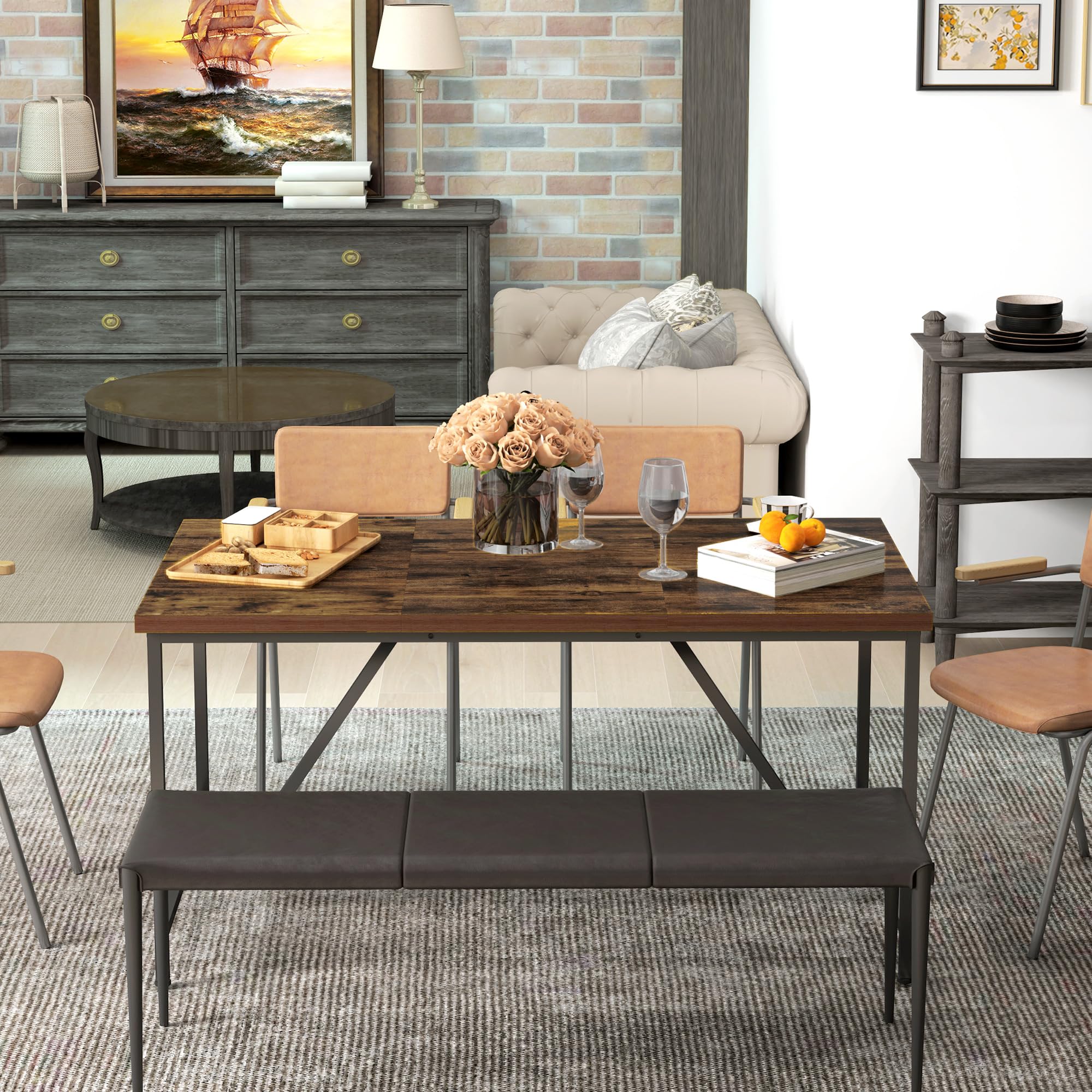 HOMCOM Tavolo da Pranzo Rettangolare per 6 Persone, Tavolo da Cucina in Stile Industriale con Piedini Regolabili in Legno e Acciaio, per Sala da Pranzo, Soggiorno e Studio, 150x80x75 cm, Marrone