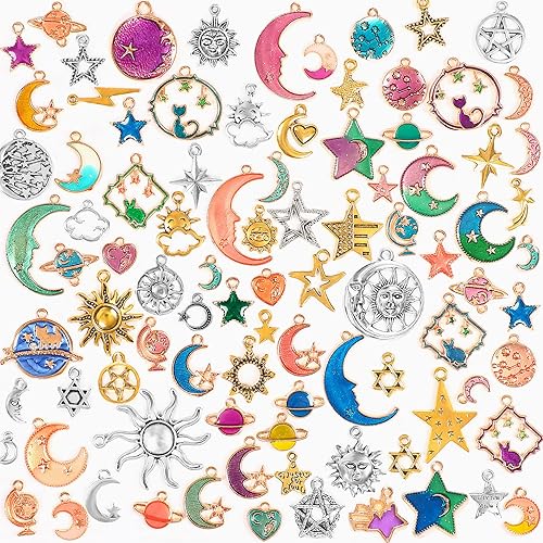 SANNIX 120 dijes mixtos de sol y estrella, luna, para hacer joyas, dijes de esmalte dorado para hacer collares, pulseras, suministros SANNIX 120 dijes mixtos de sol y estrella, luna, para hacer joyas, dijes de esmalte dorado para hacer collares, pulseras, suministros