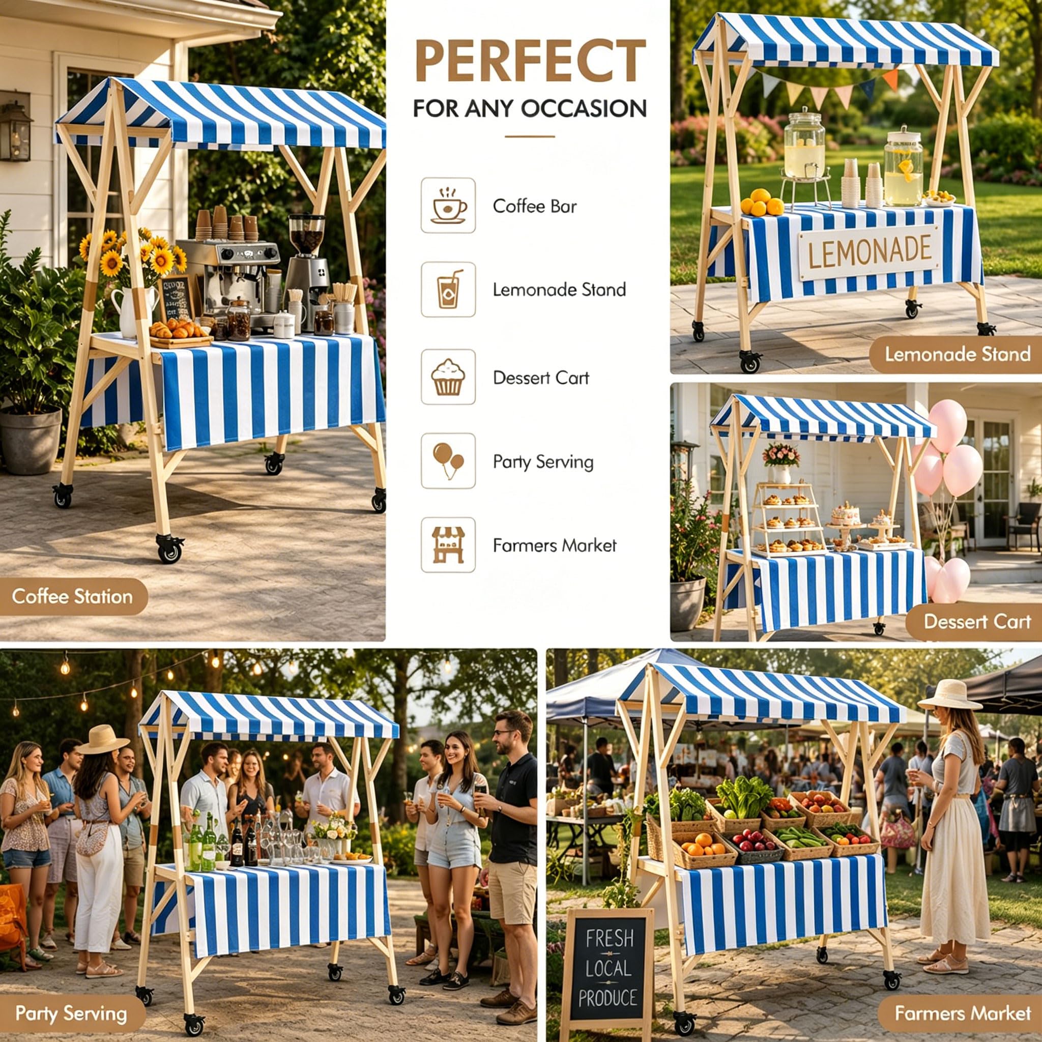 Carrello portatile degli agricoltori con ruote e tettoia - 150 x 78 x 193,8 cm Carrello pieghevole in legno per eventi all'aperto ack stand onade nd carrello da dessert e esposizione del mercato