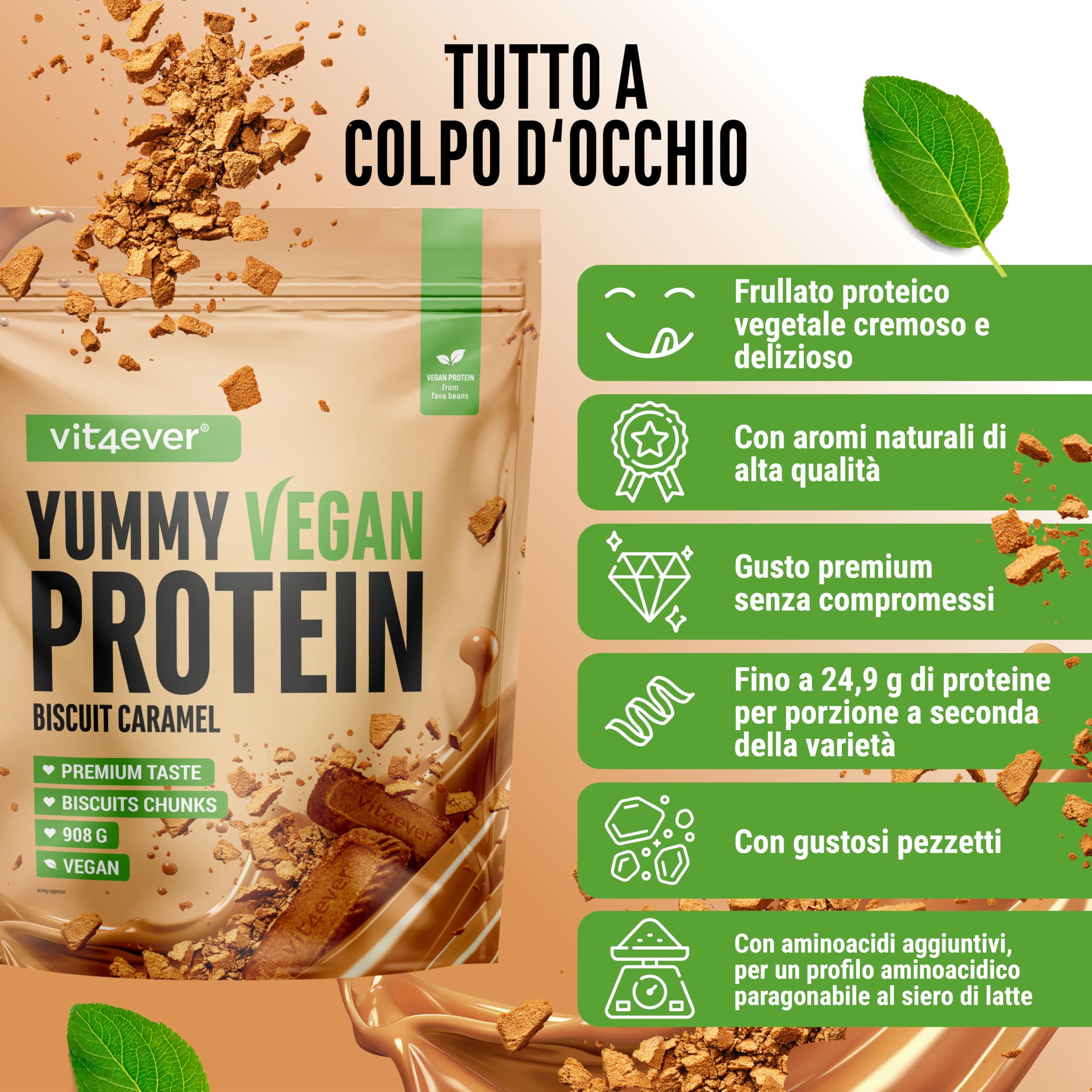 Yummy Vegan Protein Biscuit Caramel con pezzi – Frullato proteico vegetale con 24,1 g di proteine per porzione da isolato di fave con BCAA e amminoacidi – Consistenza cremosa e gusto delizioso – 908 g