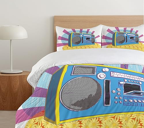 Miniatura 5 de Ambesonne Juego de funda de edredón para fiesta de los años 70, caja retro con forma de arte pop, música y música colorida, juego de ropa de cama