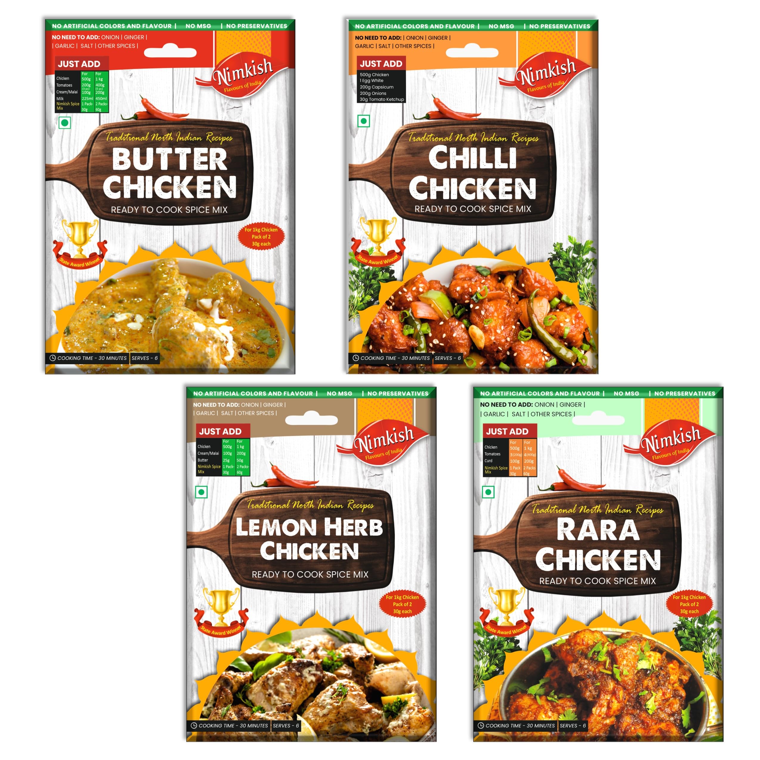 Nimkish Butter Chicken Masala, Chilli Chicken, Lemon Herb Chicken, Rara Chicken Ready to Cook Spices with Natural ingredients For Delicious Cooking - Pack of 4, Instant Premix (B07GZMHHP7) Amazon Price History, Amazon Price Tracker