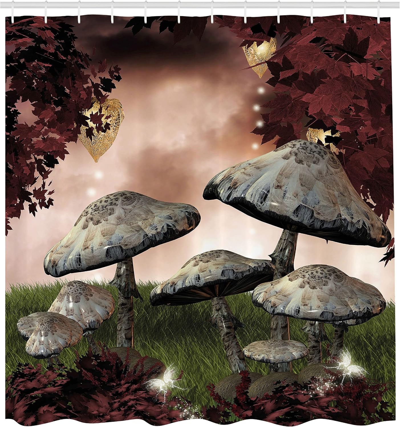 Ambesonne Fantasy Shower Curtain, Enchanted Forest Scenery with Mushrooms and Fairies Dark Image, Cloth Fabric Bathroom Decor Set with Hooks, 69" W x 75" L, Maroon Grey