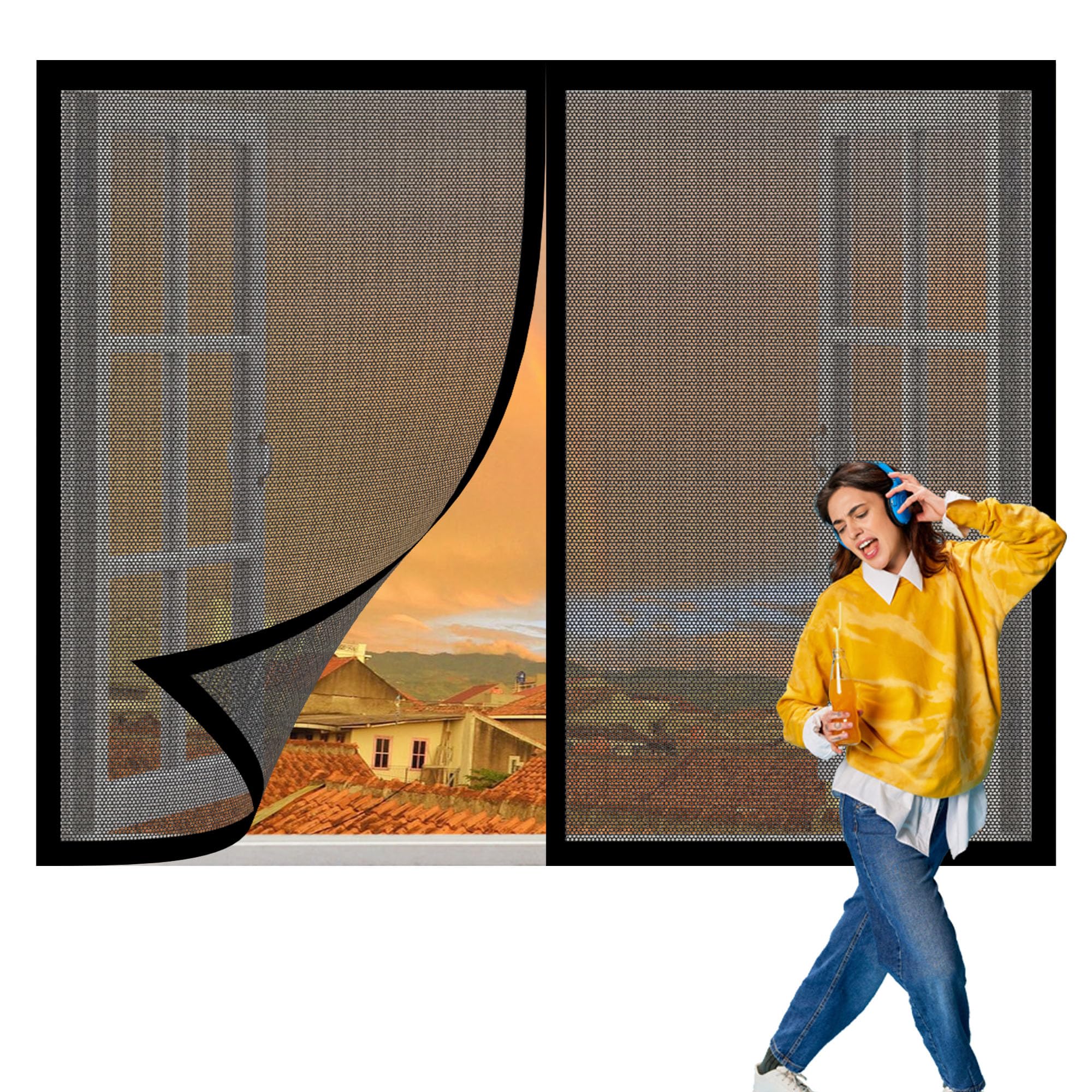 Magnetic Net Window 90 x 125 cm with Selfadhesive Insect Mesh Mosquito Net Window Fine Mesh Design Prevents Tiny Insects from Entering for Windows Doors and Patio Screens, Black