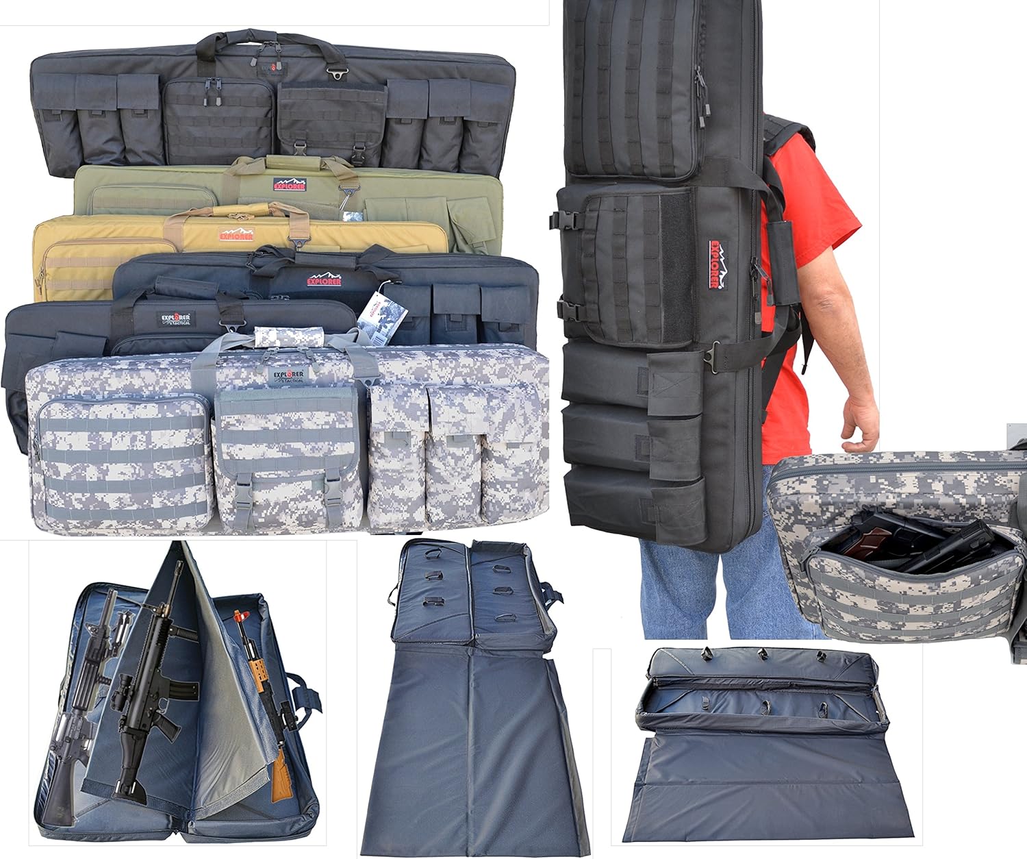 Explorer PAT3 Ranger Double 3 Rifles Weapon Gun Case Padded Long Tactical Carrying Military Backpack Bag with YKK Zippers with Storage MOLLE Pouches 4 Pistol Cases (46" inches, 46" Black)