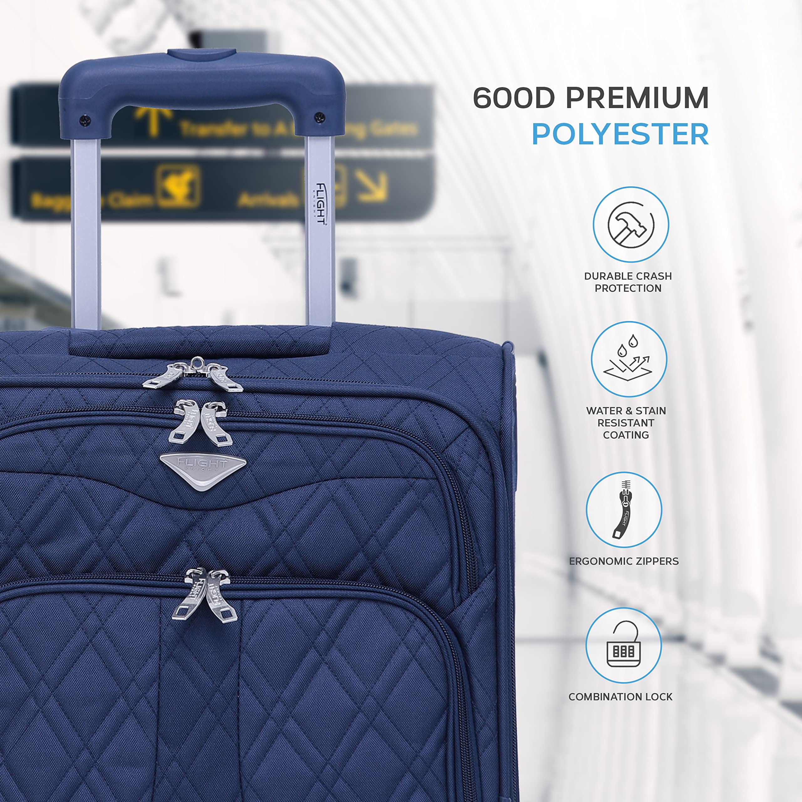 Flight Knight Set of 2 Lightweight 4 Wheel 800D Soft Case Quilted Suitcase Cabin Carry On Hand Luggage Approved for easyJet Maximium Size Free Carry On