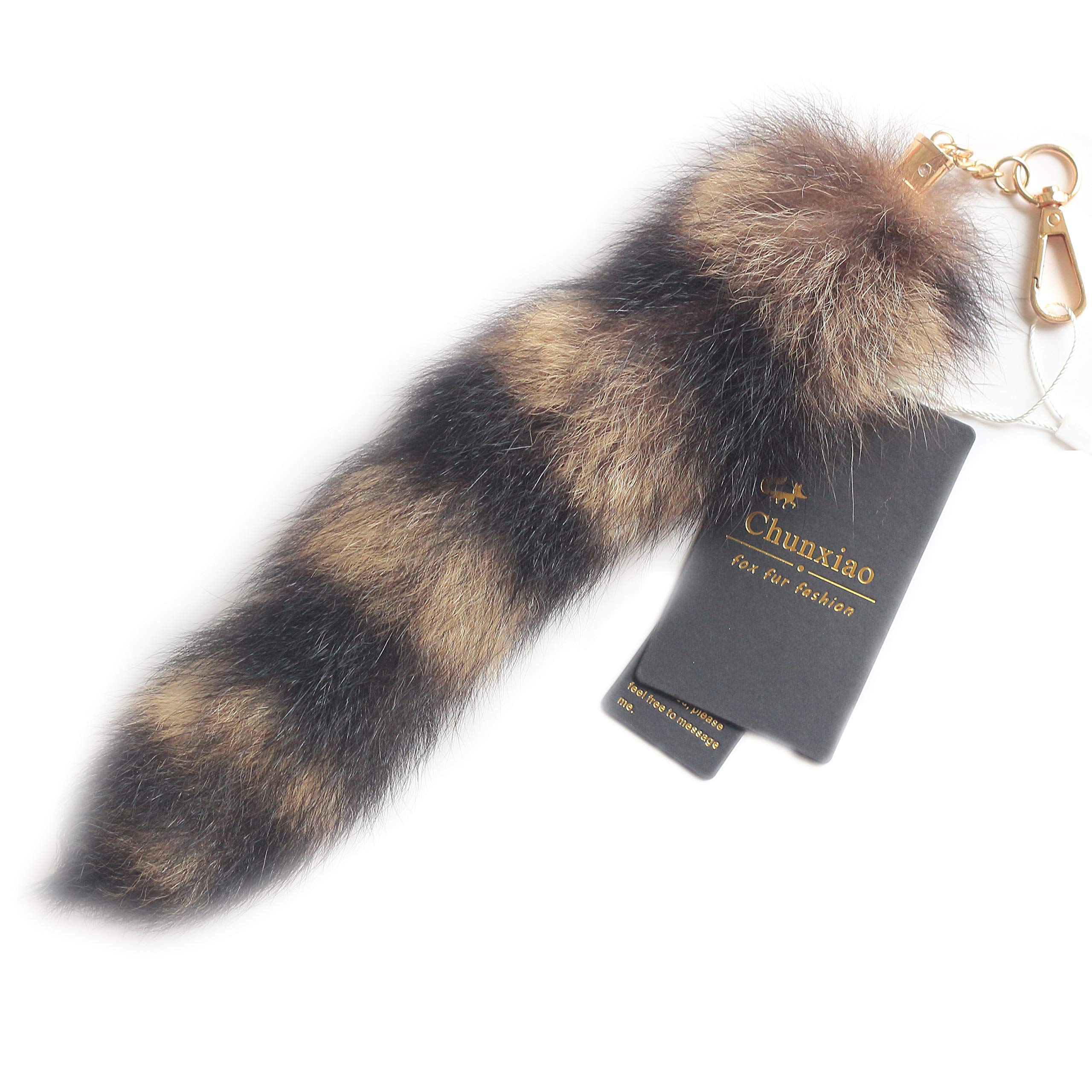Chunxiao Luxe Fox Fur Tail Keychain - Fashion Accessory with Gold Clasp (1, Raccoon Tail)
