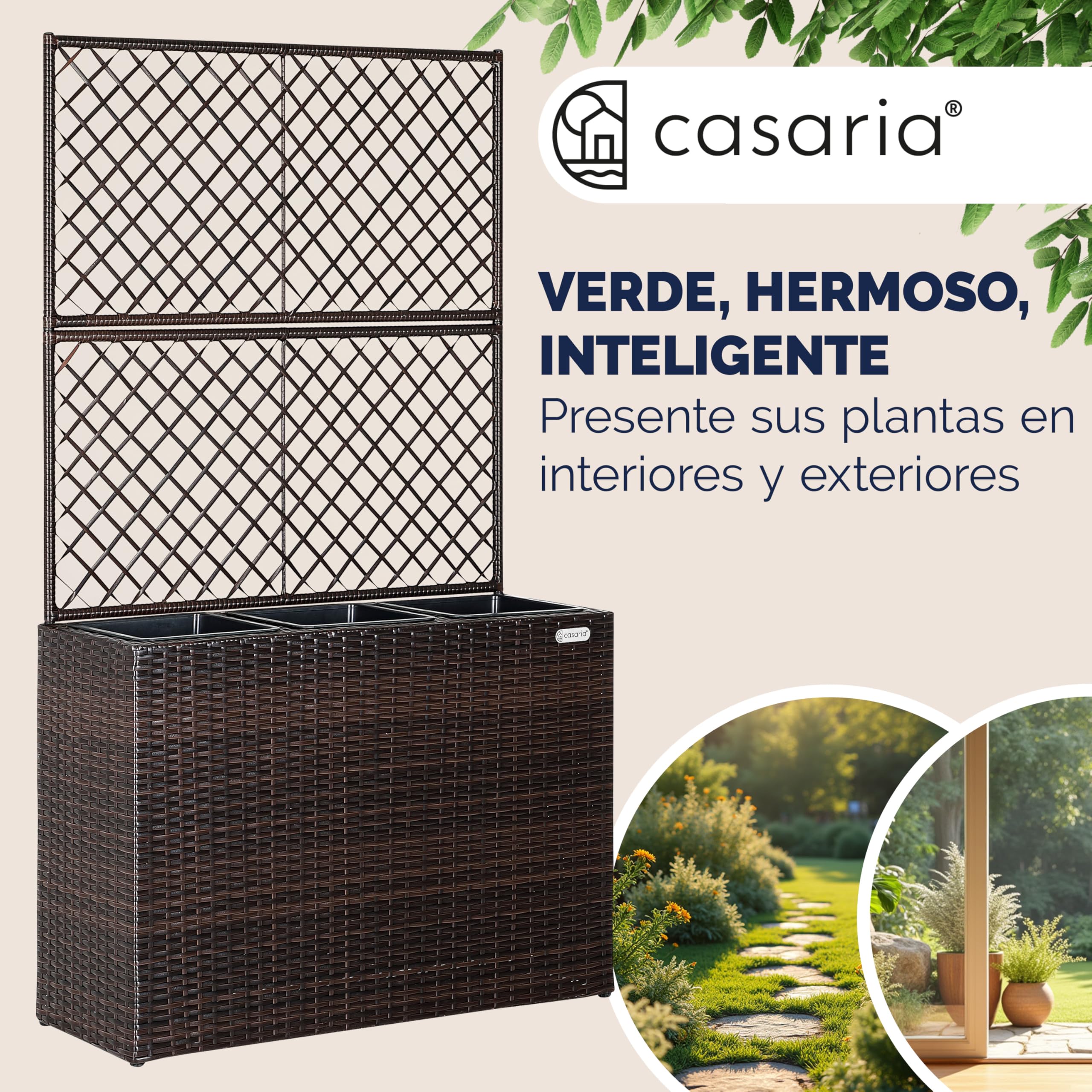 CASARIA® Macetero Exterior con 3 Macetas Internas Extraíbles con Drenaje de Agua Jardinera Poliratán con Enrejado 146x83x30,5cm Marrón