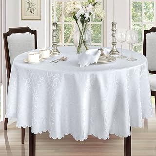 Newbridge Thanksgiving Portofino Scalloped Damask Fabric Tablecloth, 90 Inch Round, White, Wrinkle and Stain Resistant Fine Dining Holiday Party Table Cover