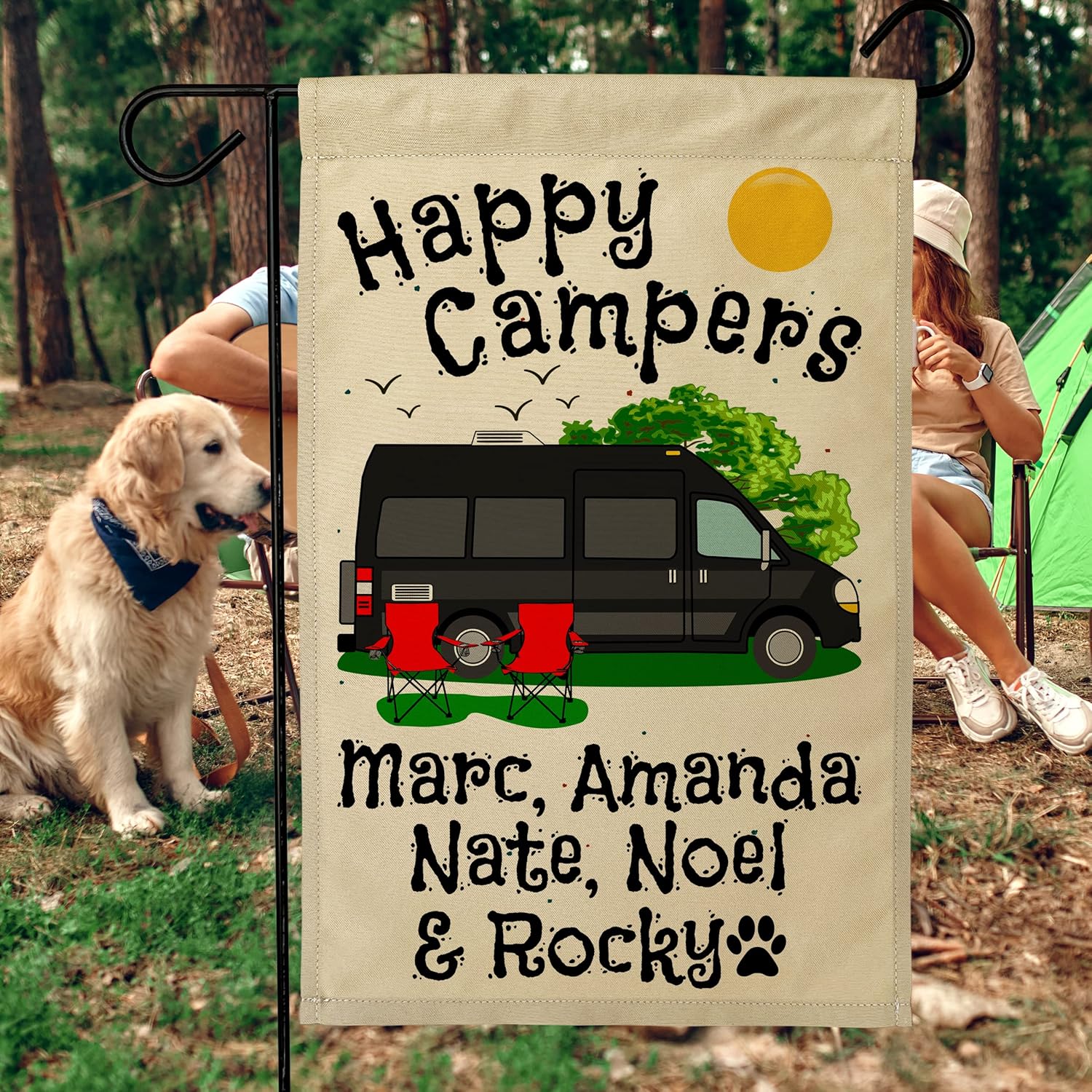 Personalzied Camping Flag Features Black Class B Motor Home Graphic with Happy Campers and 3 Additional Lines of Your Custom Text, Printed on Tan Fabric