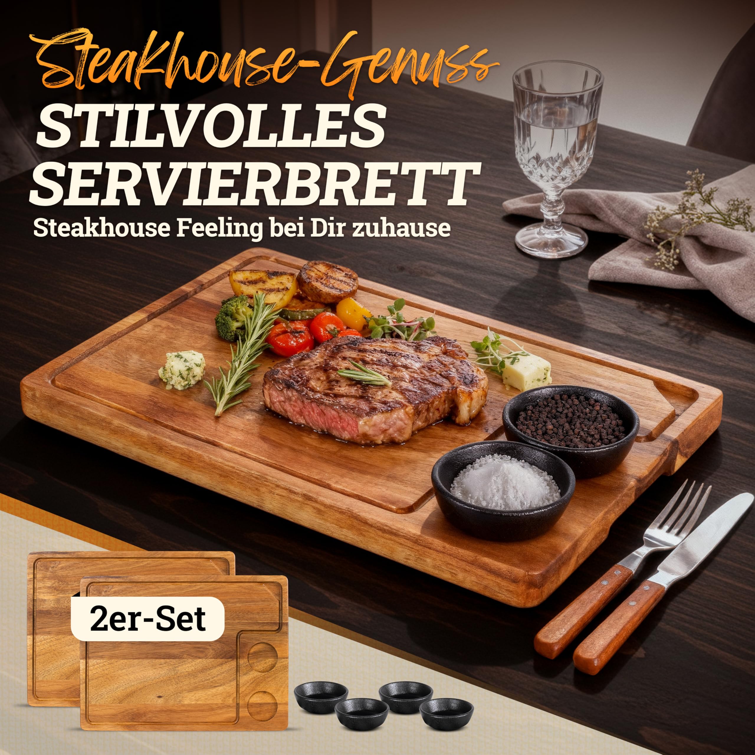 LIKAYA® Servierbrett XXL 2er-Set 'Santiago' – FSC® Akazienholz mit Saucenschüsseln | Perfekt als Grillbrett, Steakbrett & Geschenk für Burger, Steak & Sushi