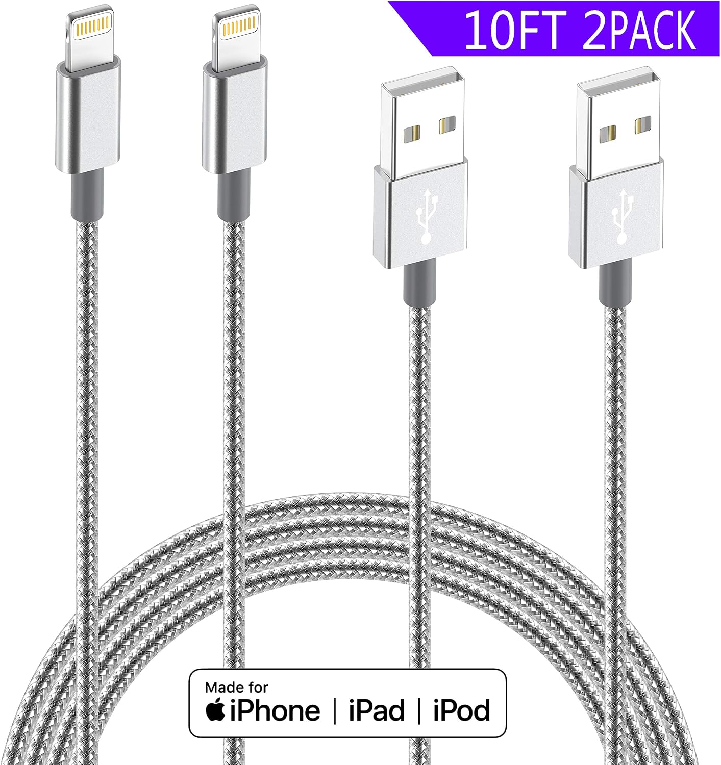iPhone Lightning Cable Apple MFi Certified IDiSON 10ft 2Pack Braided Nylon Fast Charger Cable Compatible iPhone X XR XS MAX 8 Plus 7 6s 5s 5c Air iPad Mini iPod (Gray White)