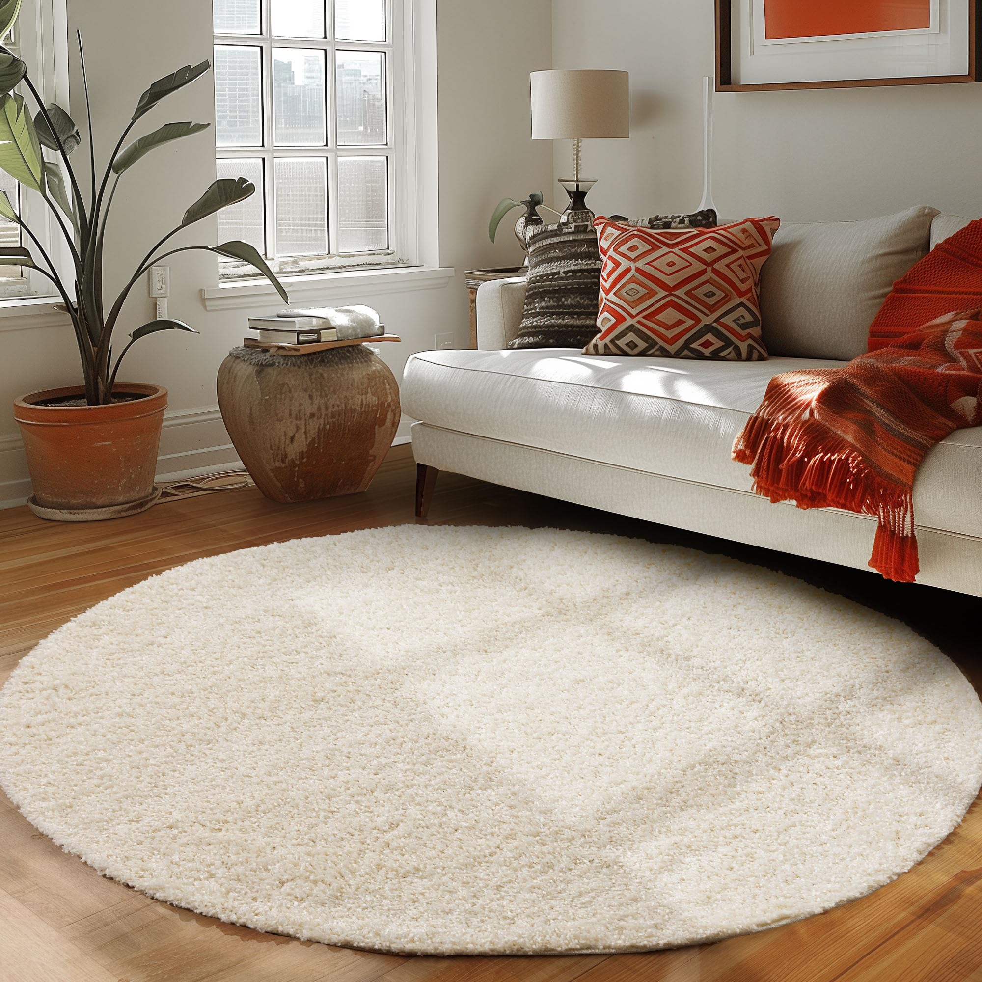Tapis rond salon crème 160cm poil long shaggy moderne et moelleux