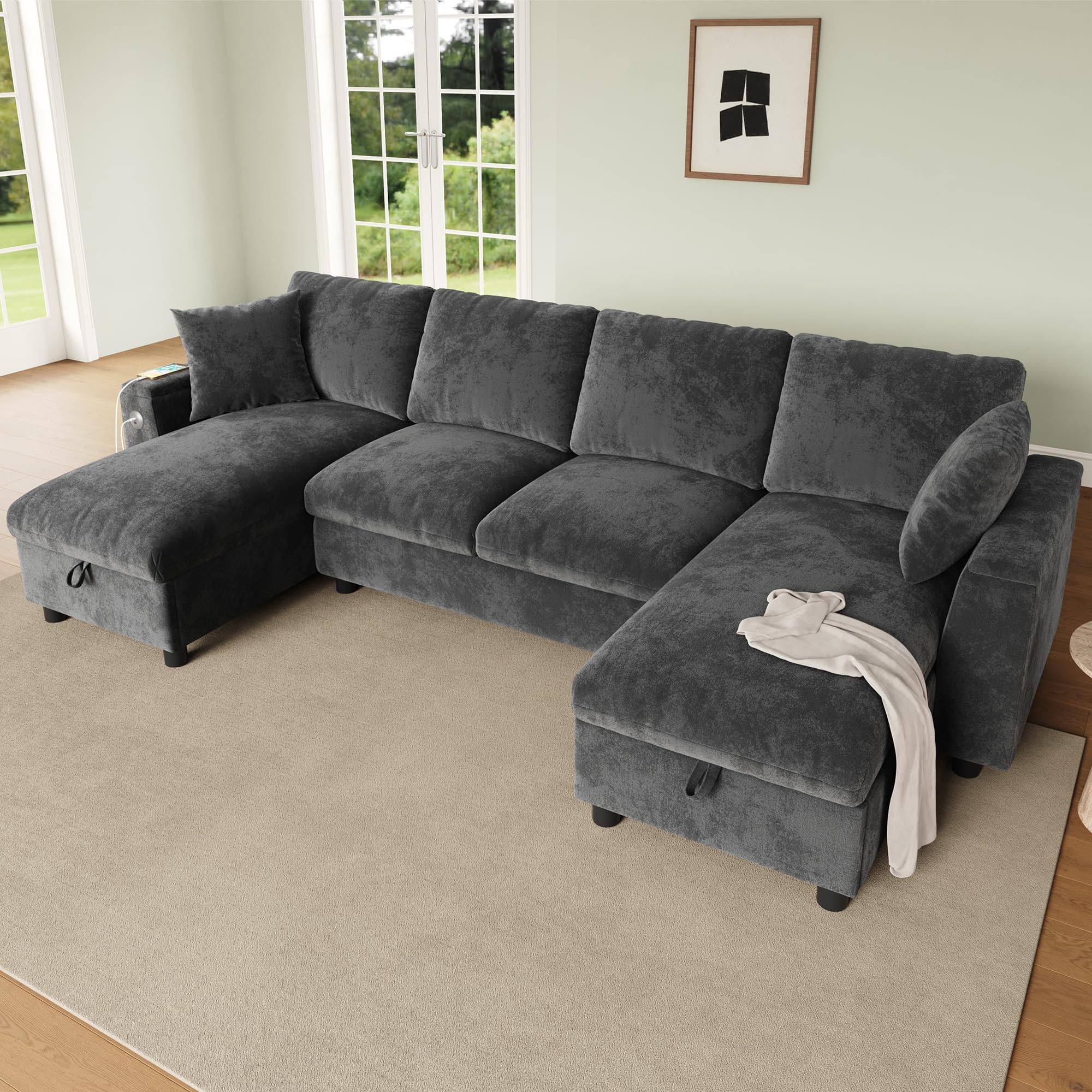 Muskel Chenille Wohnland 284 × 135 cm, sofá esquinero en forma de U con dos chaise longues y 2 plazas, sofá con espacio de almacenamiento abatible, cómodo sofá para salón, gris