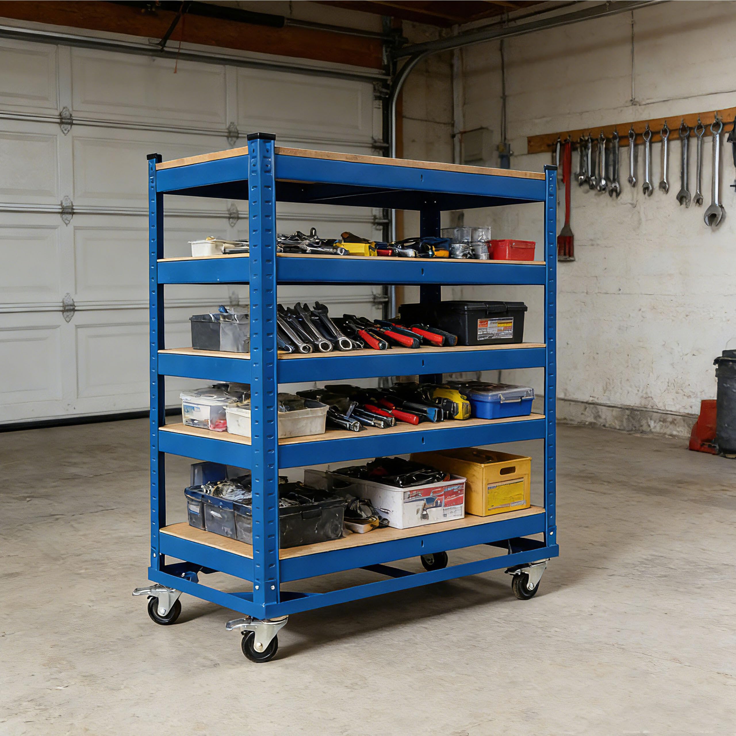 Relaxdays Carrello Officina 5 Ripiani, Ruote con Freno, Fino a 750 kg, 110x90x45 cm, Acciaio Blu