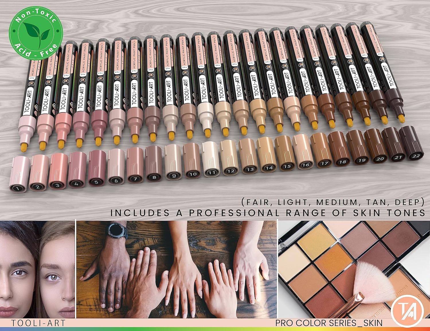 TOOLI-ART 22 Acrylic Paint Markers Paint Pens Pro Color Series Set 3mm Medium Tip for Rock Painting, Glass, Mugs, Wood, Metal, Glass Paint, Canvas, DIY. Non Toxic, Waterbased, Quick Drying (SKIN) - Image 4