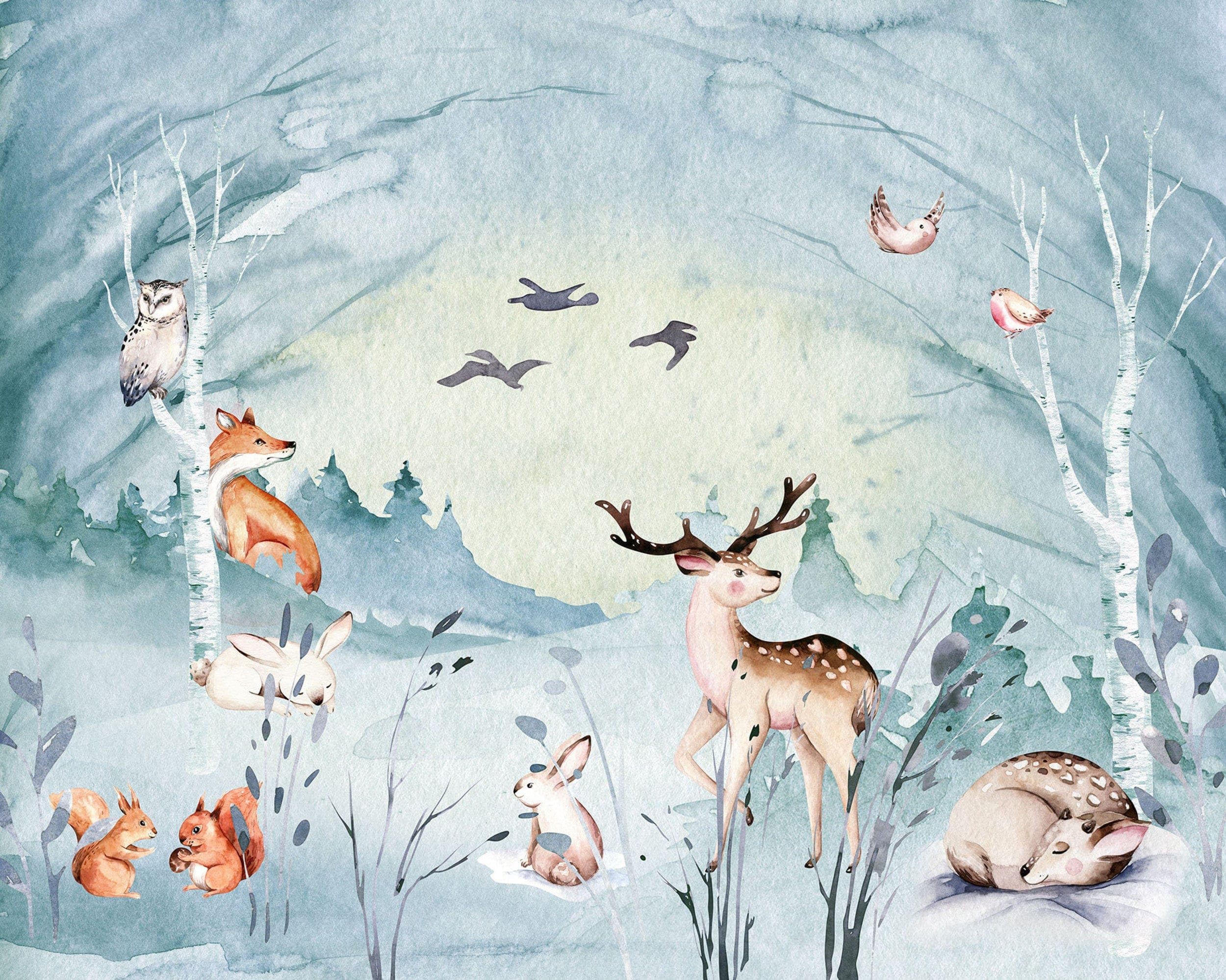 Komar Vlies Fototapete - Animal Sleepover - Größe: 350 x 280 cm (Breite x Höhe) - Babytapete, Waldtiere, Fuschs, Hase, Reh, Kinderzimmer, Tapete - IAX7-0038