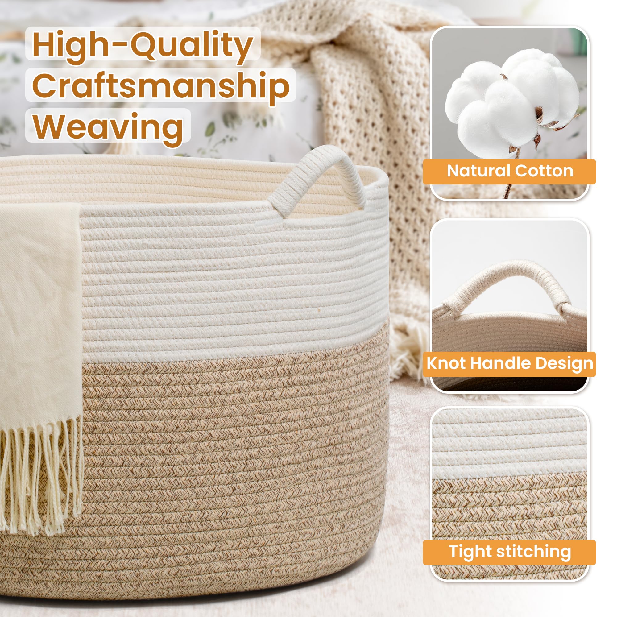 Large Woven Cotton Rope Storage Basket with Handles - Modern Round Laundry Hamper & Blanket Organizer for Nursery, Bedroom, Baby Toys, Pillows, Home Décor, 20