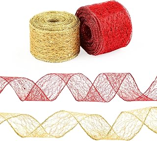 LEMESO 2 Rollos Cinta de Navidad de 5 cm x 10 M Cinta Decorativa para Árbol de Navidad Cinta para Envolver Regalos, Rojo y Dorado