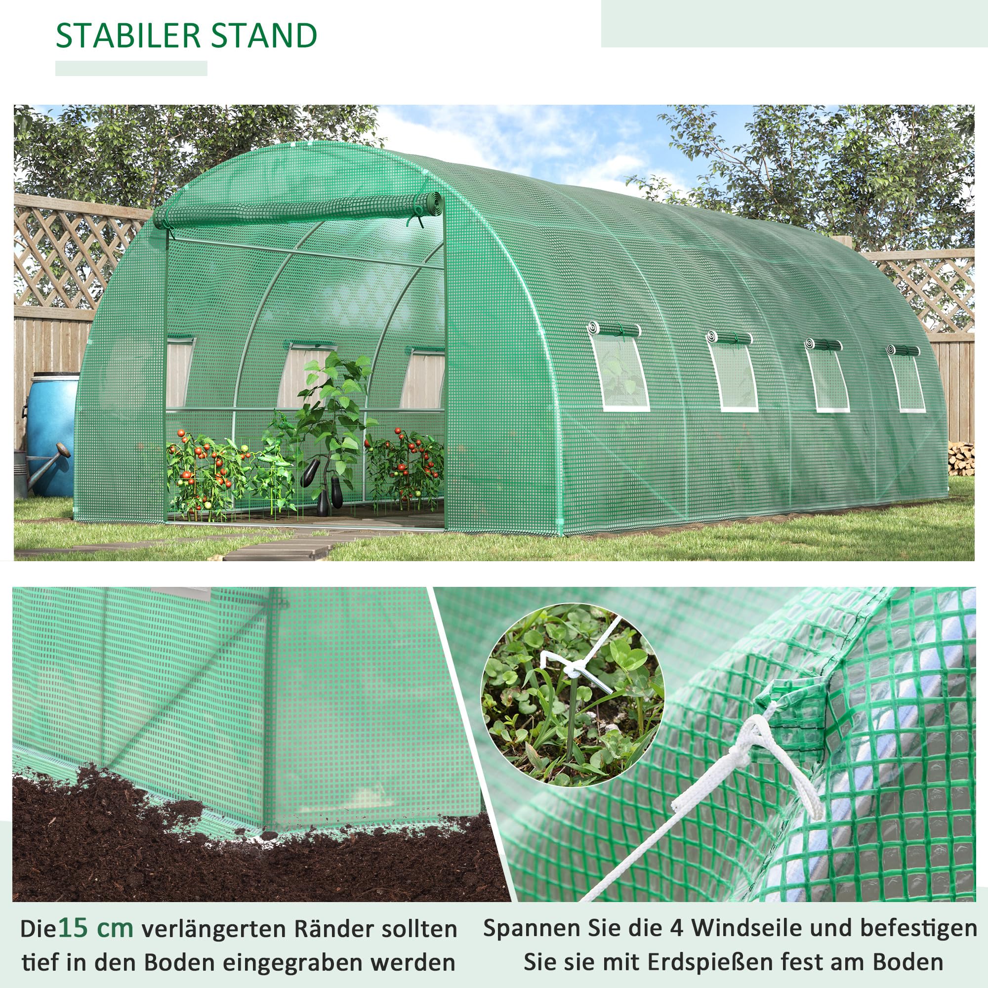 Invernadero Outsunny Aprox. 6 x 3 x 2 m Invernadero de lámina con 8 Ventanas, Puerta Enrollable, Paredes Laterales enrollables, túnel de lámina Resistente a los Rayos UV, Invernadero para Tomates con