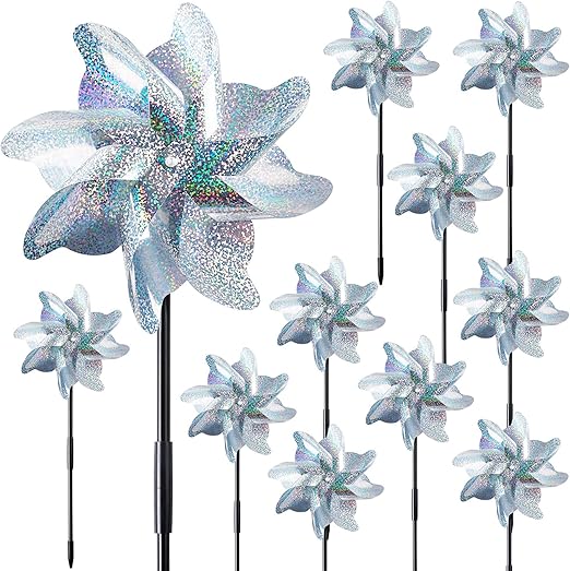 NOVWANG 16 PCS Reflective Pinwheels with Stakes, Extra Sparkly Pinwheels for Yard and Garden Pinwheels Bulk, Bird and Animal Deterrent Device to Scare Birds Away from Patio(Silver)
