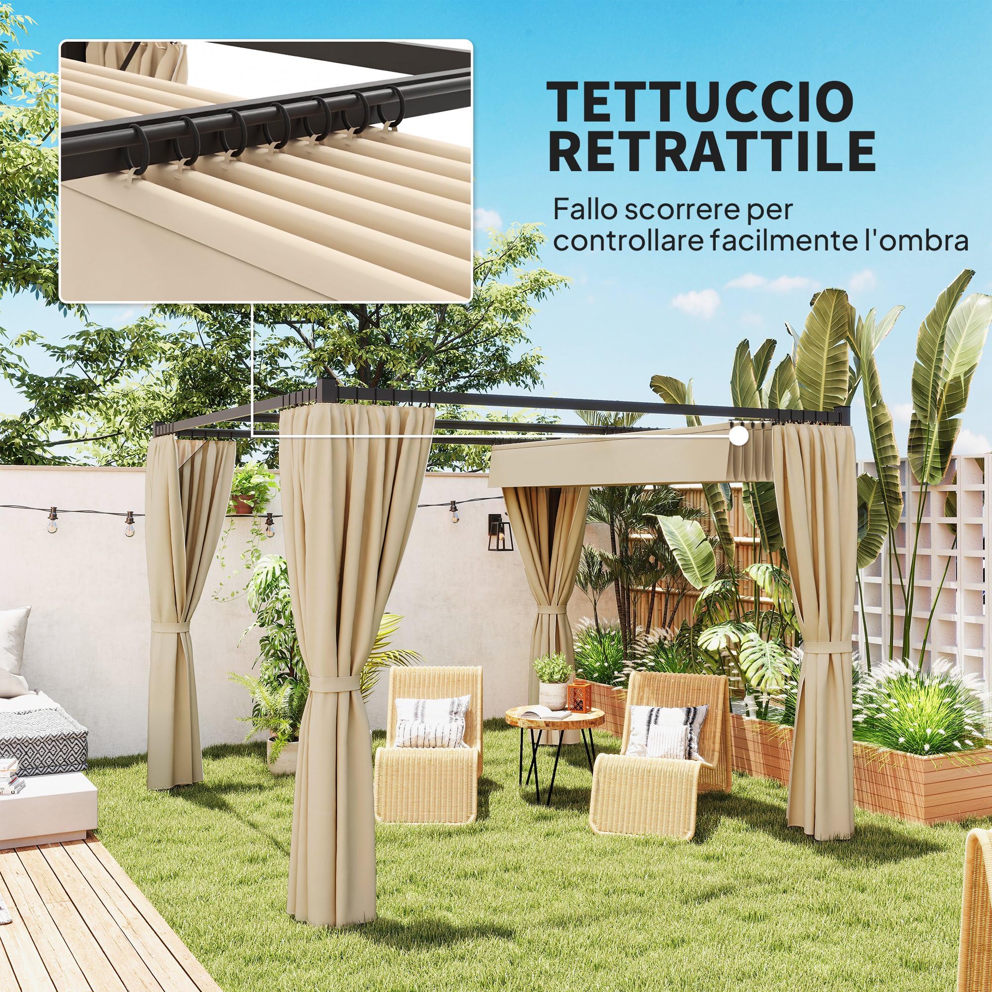 Outsunny Gazebo Pergola 3x3 m con Pareti Laterali e Tetto Retrattile, Metallo e Poliestere 180g/㎡, Beige