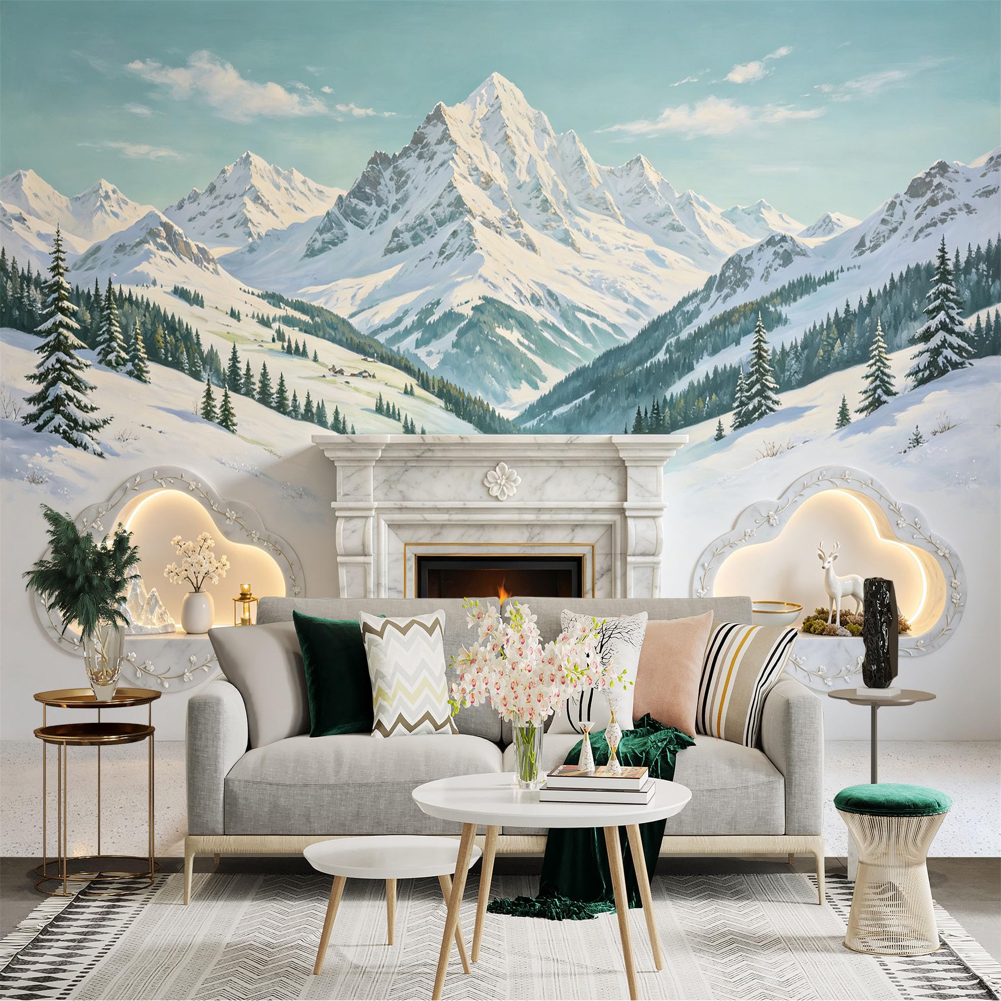 Lnzczhyre Bh260719688 Custom Size Wall Sticker Mural， Majestic Snowy Mountains， Alpine Winter Landscape， Pine Forest Scenery， For Wall Decoration， Peelandstick Wall Decals.