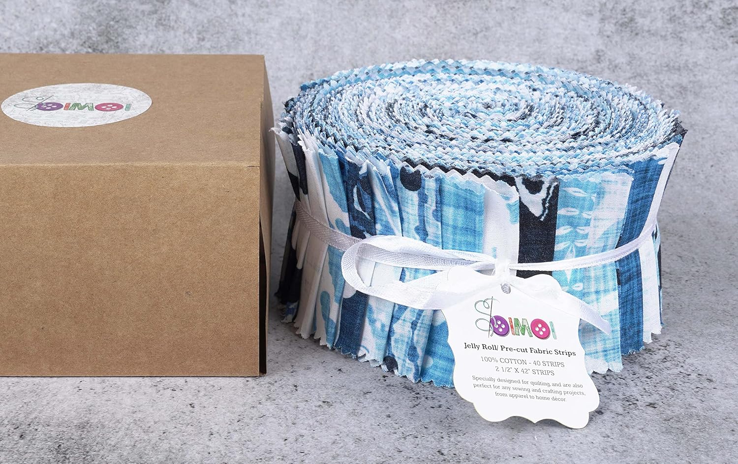 Soimoi Jelly Roll Fabrics for Quilting 40 Strip 2.5" Inches Cotton Strips Bundles, Perfect Quilting Fabric for Craft Project, Precut Quilt Fabirc, Blue Cotton Strips for Decor, Blanket- Block Print