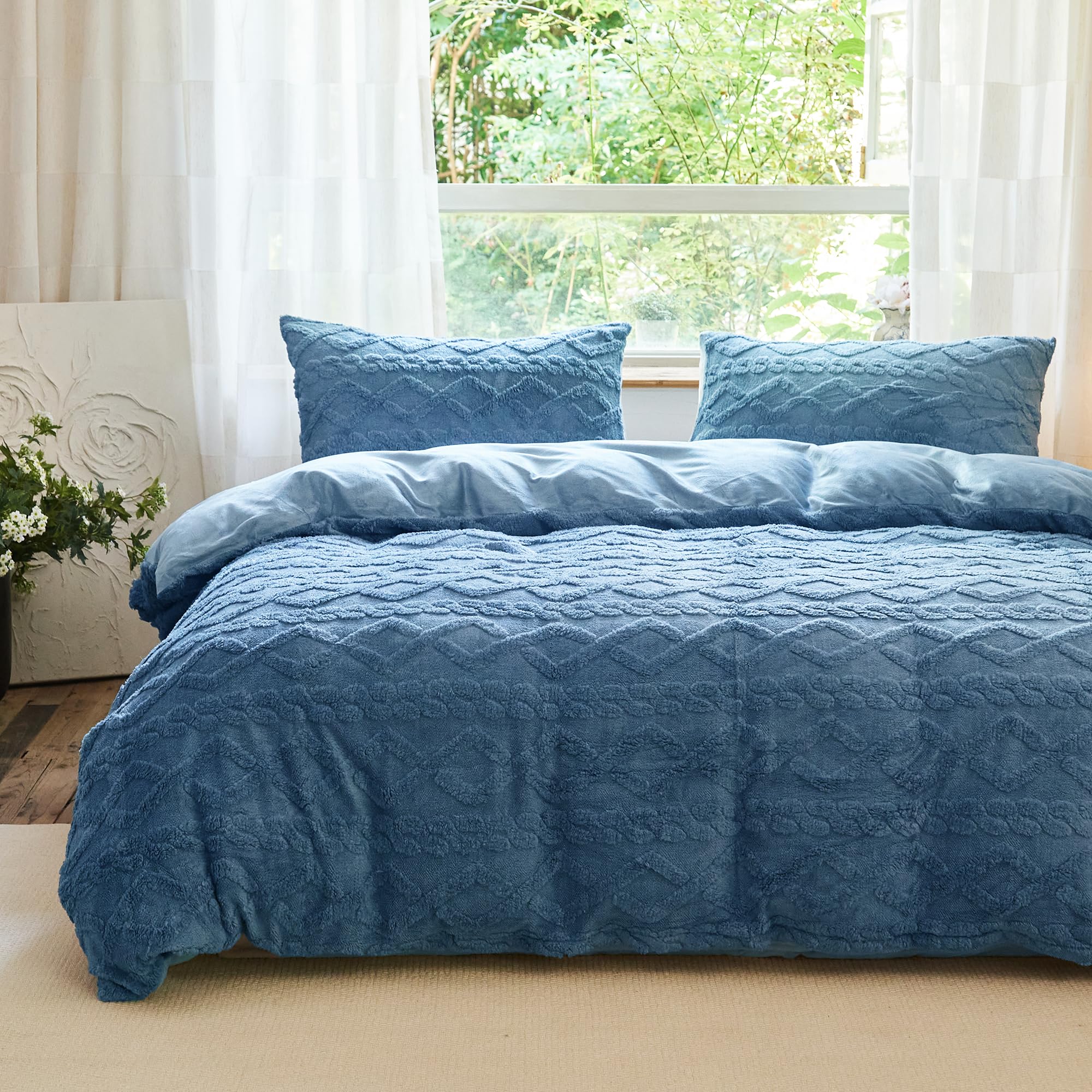 VANJOROY Fleece Teddy Duvet Cover Set, 100% Microfibre Ultra Soft Fluffy Warm Thermal Cozy Bedding Set Blue 3pcs (1x Fluffy Duvet Cover 220x230cm, 2x Pillowcases)