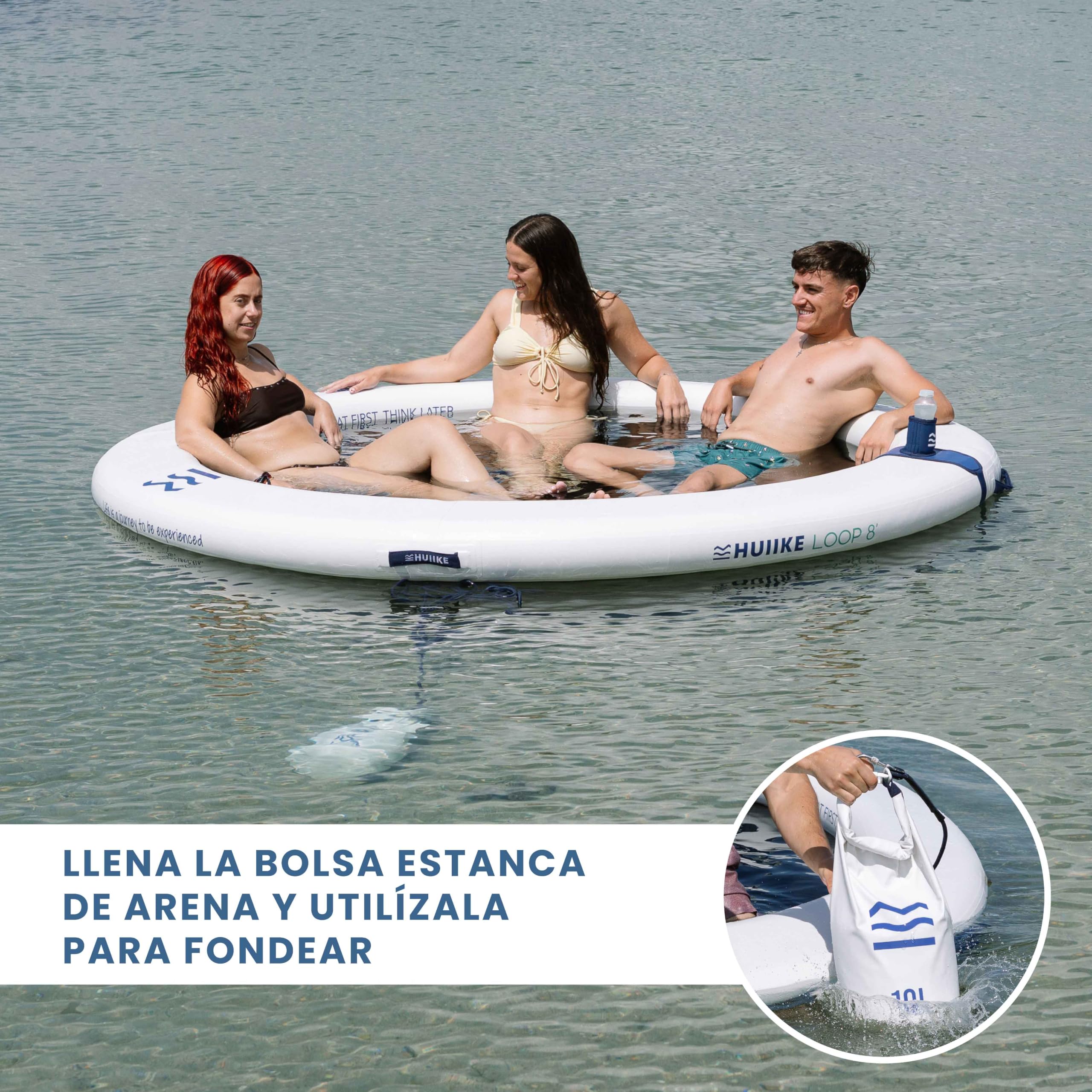 HUIIKE Anillo Hinchable 4 o 6 Personas, 280 o 500 kg, con Accesorios | Loop de 2,44 m o 3,05 m para Adultos y Niños. Plataforma Flotante con Inflador, Ancla de Arena, 2 Soportes Bebida y Mochila