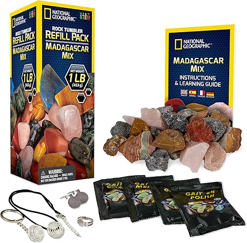 NATIONAL GEOGRAPHIC Recambio para pulidores de roca, mezcla de rocas de 1 libra de Madagascar para pulidores de roca, 5 cierres de joyería y grano