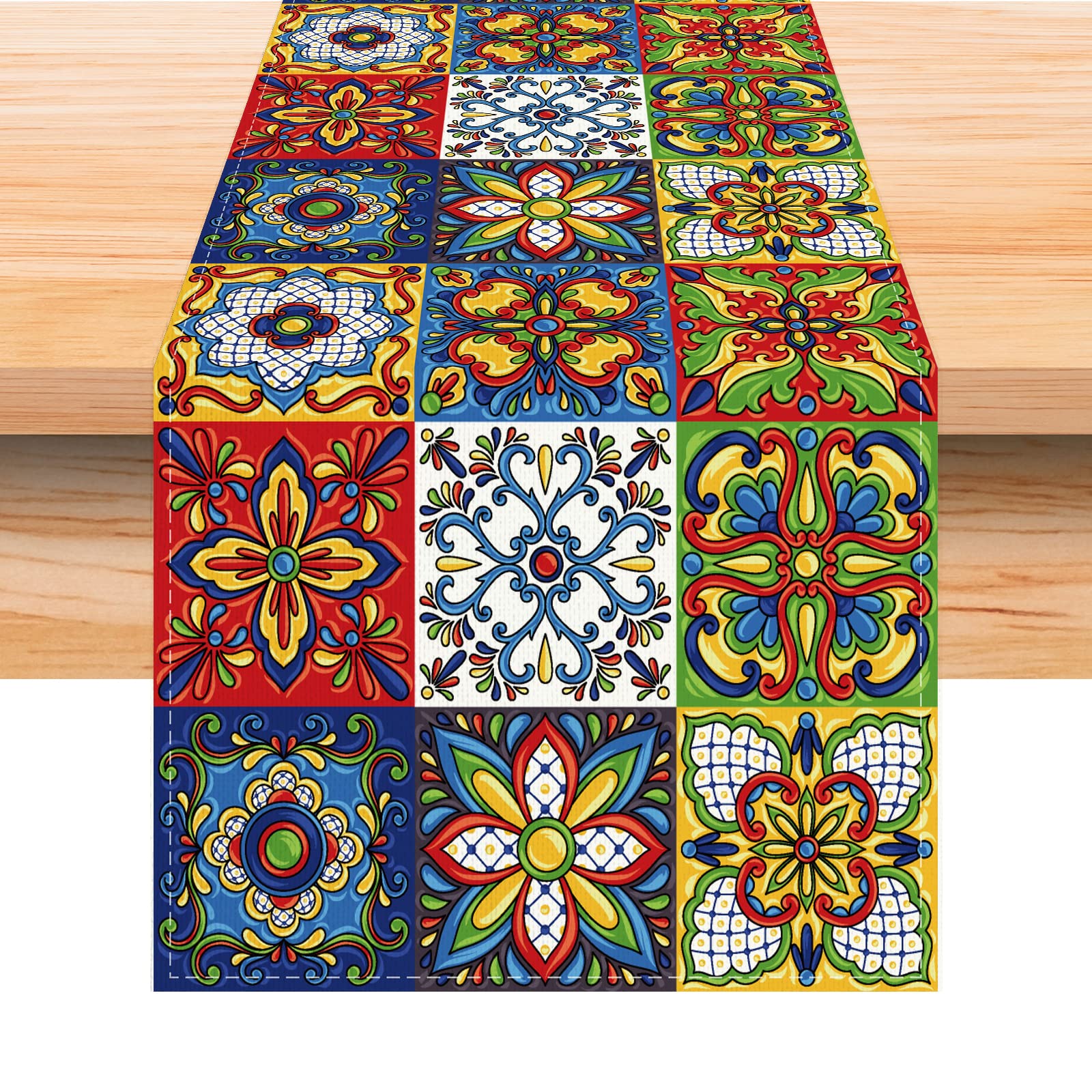 Jiudungs Linen Mexican Talavera Ceramic Tile Table Runner 72 Inches Long Mexican Fiesta Tablecloth Cinco De Mayo Party Decoration and Supplies for Table