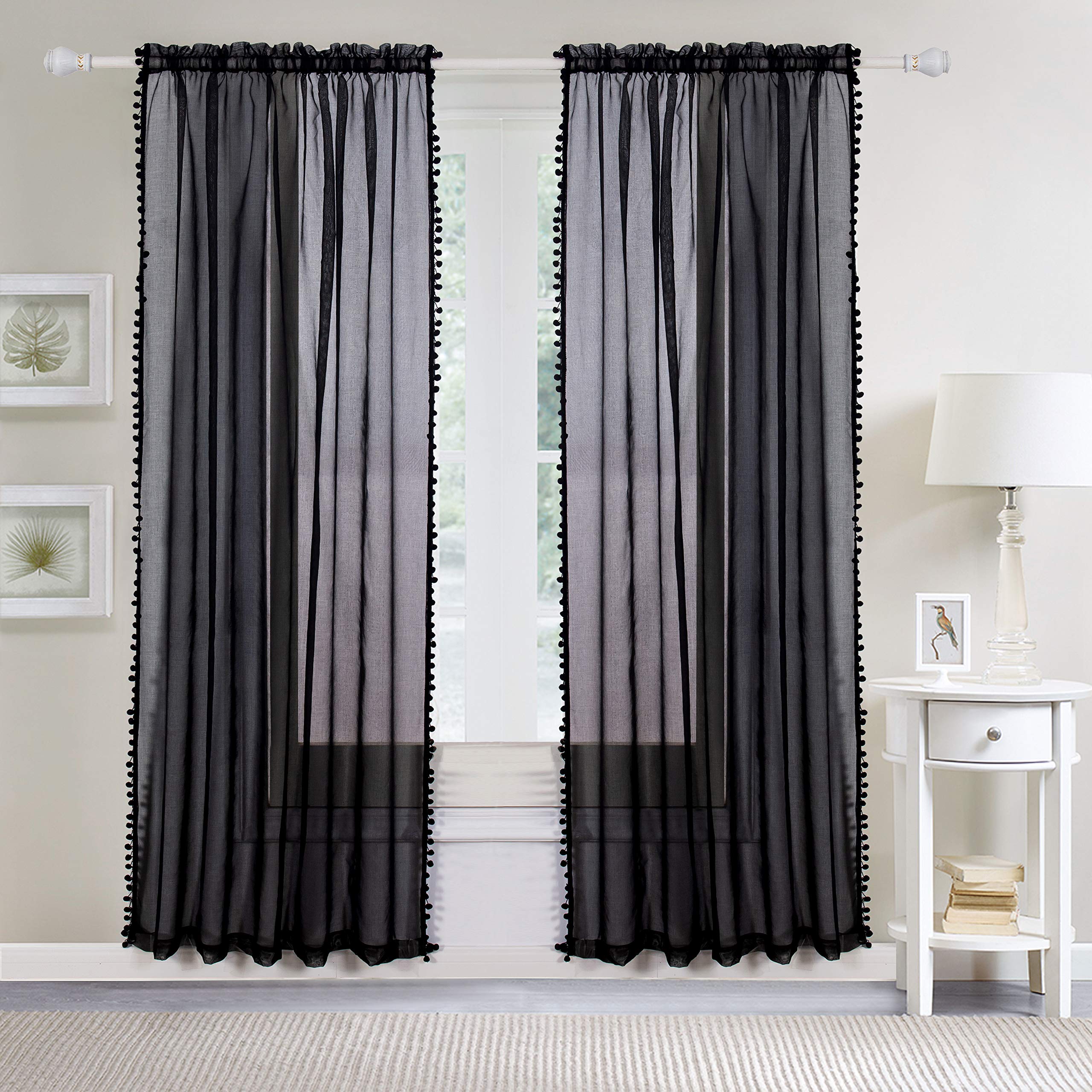 Elegant Comfort Semi-Sheer Pom Pom Tassels Curtains, 2 Panels Set, with 2inch Rod Pocket - Image 2