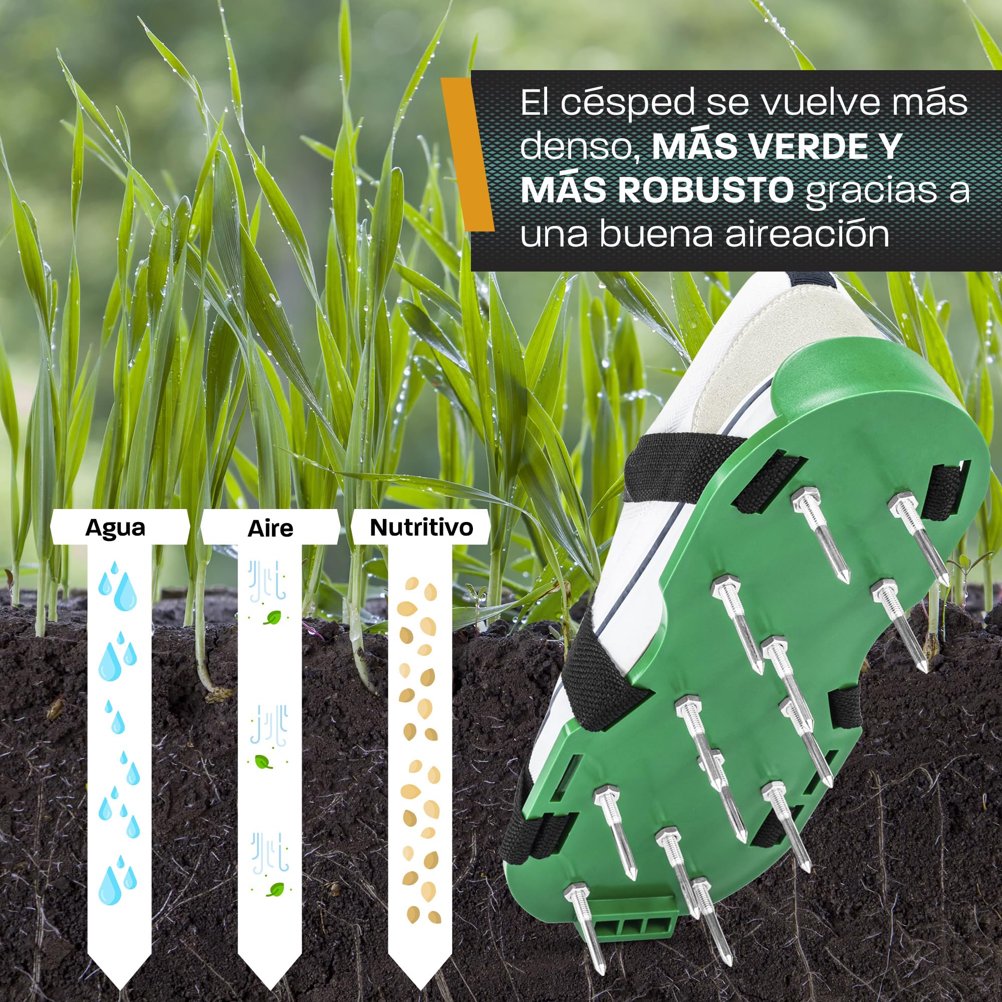 Hinrichs Zapatos Aireador de Césped - Zapatos con Clavos para Airear el Césped - Zapatos Aireadores de Césped con Correa Ajustable Flexible - Escarificador Cesped Manual para Airear el Suelo