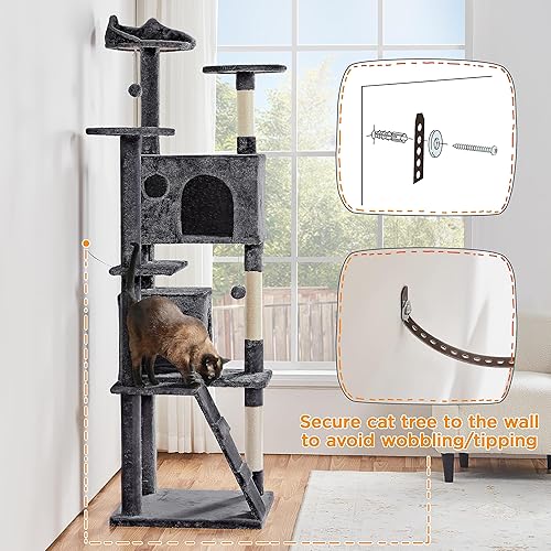 Vista 234 de Yaheetech Árbol para gatos de varios niveles de 70 pulgadas, torre alta para gatos con condominio, postes rascadores y bola colgante para gatos