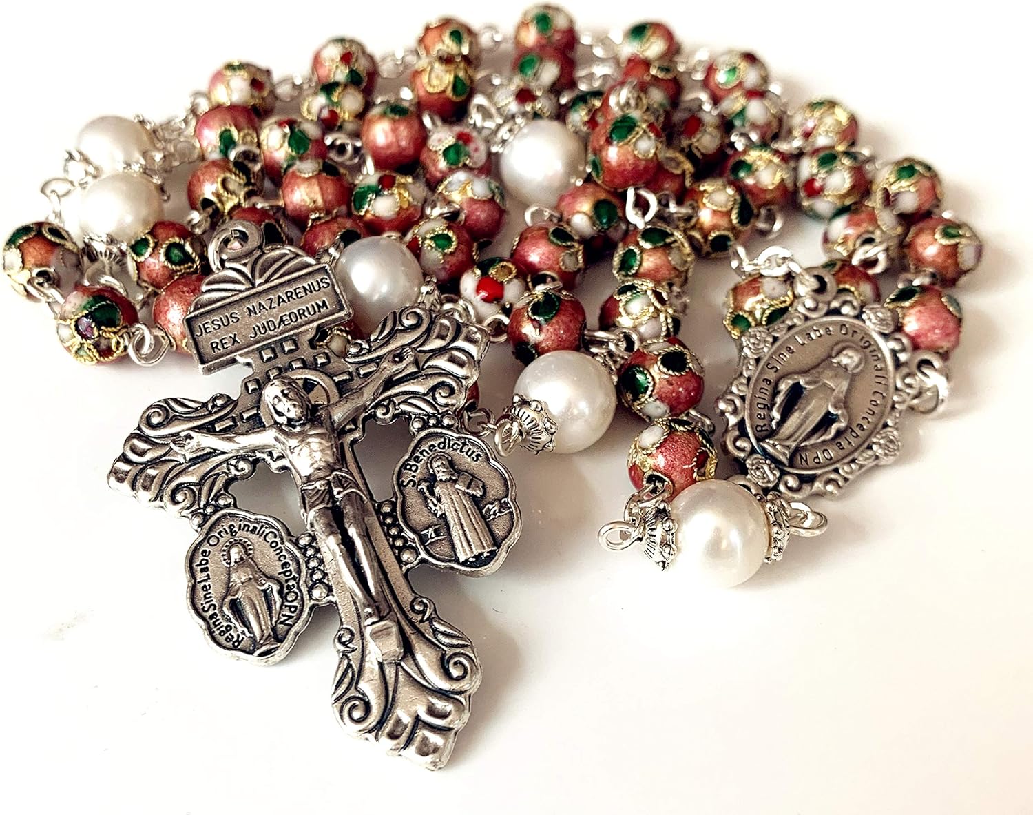 elegantmedical Handmade NICE PINK CLOISONNE & 10mm Pearl BEADS ROSARY NECKLACE Italy Parden Cross Crucifix Catholic gift