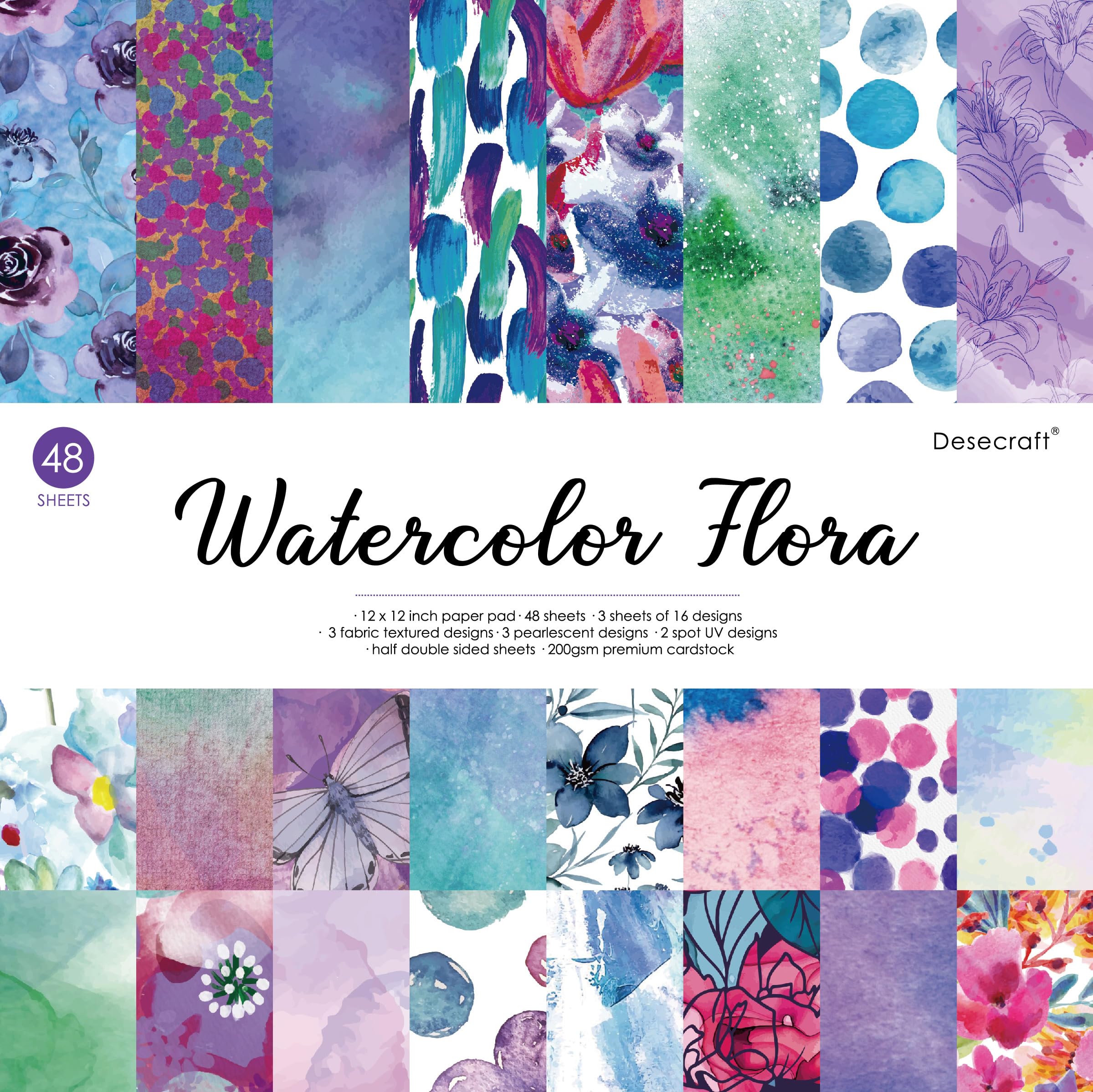 48 sheets 12x12 Scrapbooking Cardstock Decorative Paper Pack - Watercolor Flora - for Card Making Journaling Planner Origami Scrapbook Collage Paper Materials Supplies