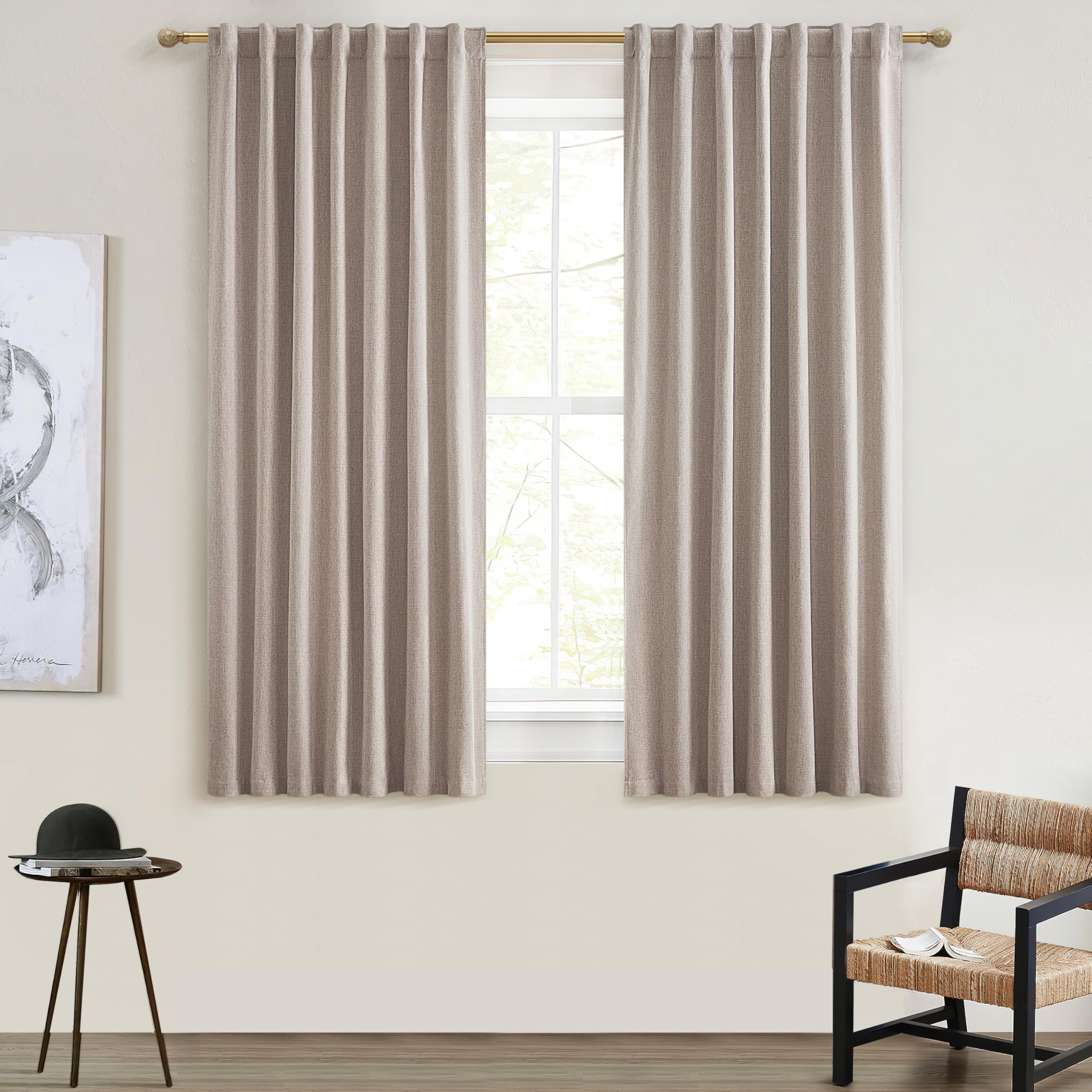 QJmydeco Short Small Window Room Darkening Curtains 54 Inches Long for Bedroom/Basement, Boho Linen Heat Blocking&Soundproof Blackout Curtains Back