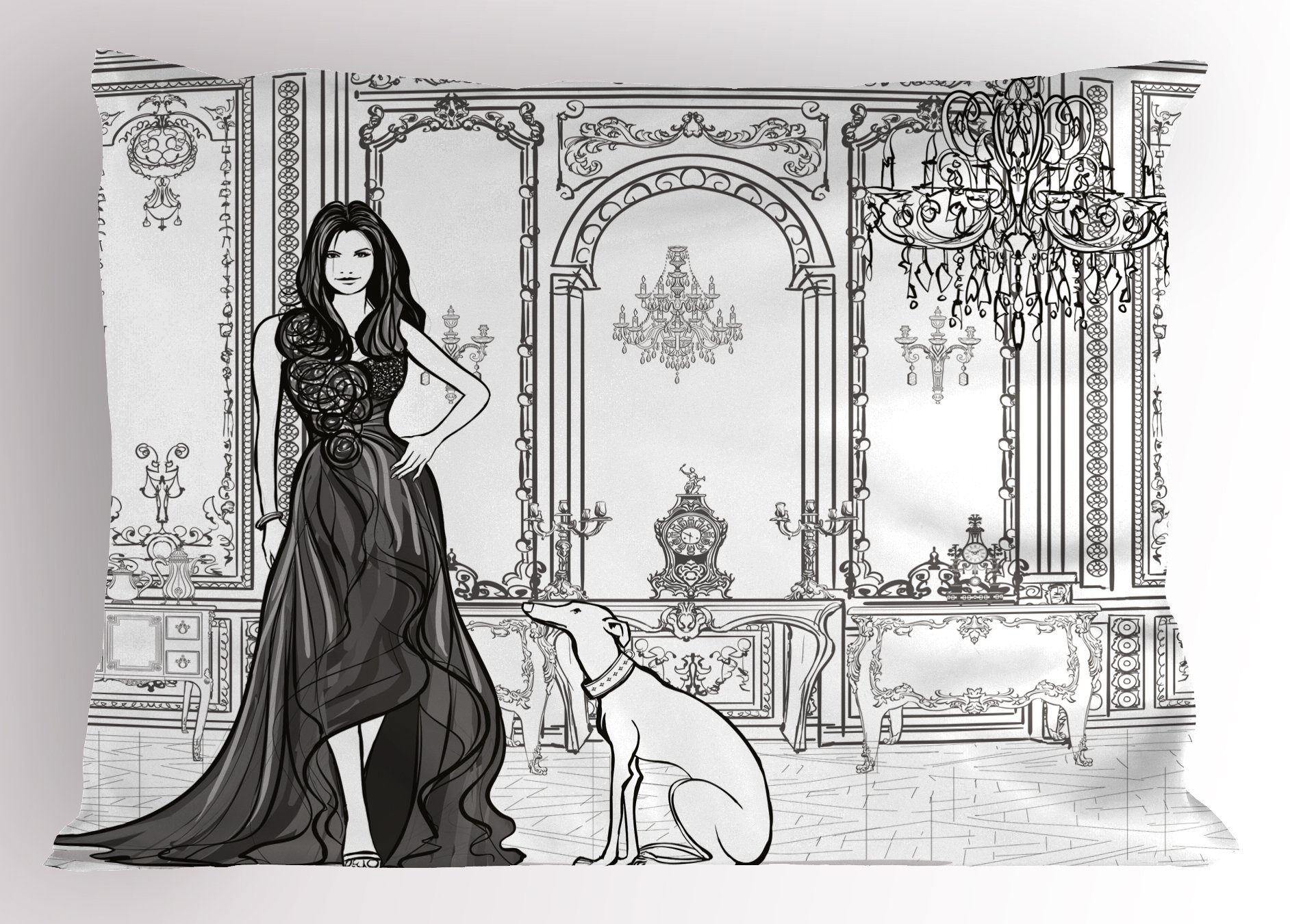 Ambesonne Teen Room Pillow Sham, Fashion Woman in Victorian Palace with Dog Baroque Illustration Print, Decorative Standard Size Printed Pillowcase, 26