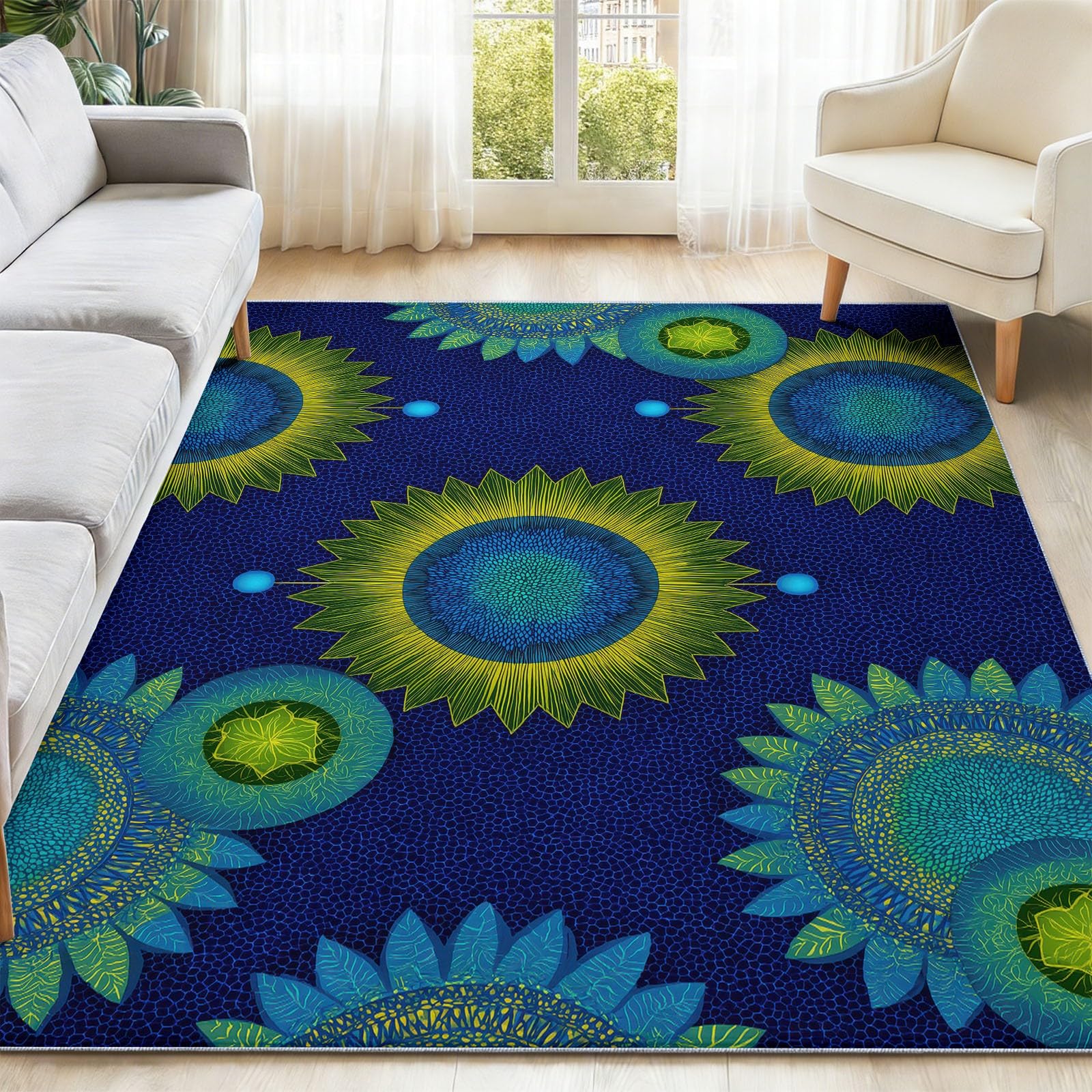 Böhmen Zusammenfassung Teppich 120 x 170 cm Teppich Wohnzimmer Blaues Sonnenblumenmuster Kurzflor Waschbarer Teppiche Schlafzimmer Wohnzimmerteppich rutschfest Teppiche für Kinderzimmer Esszimmer